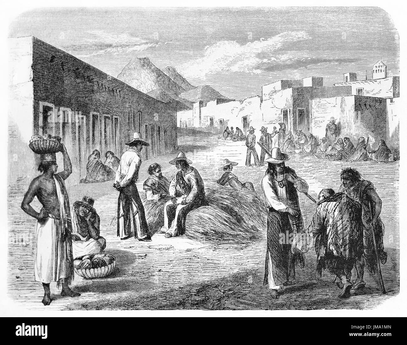 Vecchia illustrazione del popolo messicano nel mercato di Chihuahua. Creato da Fouduier e Gauchard, pubblicato in Le Tour du Monde, Parigi, 1861 Foto Stock