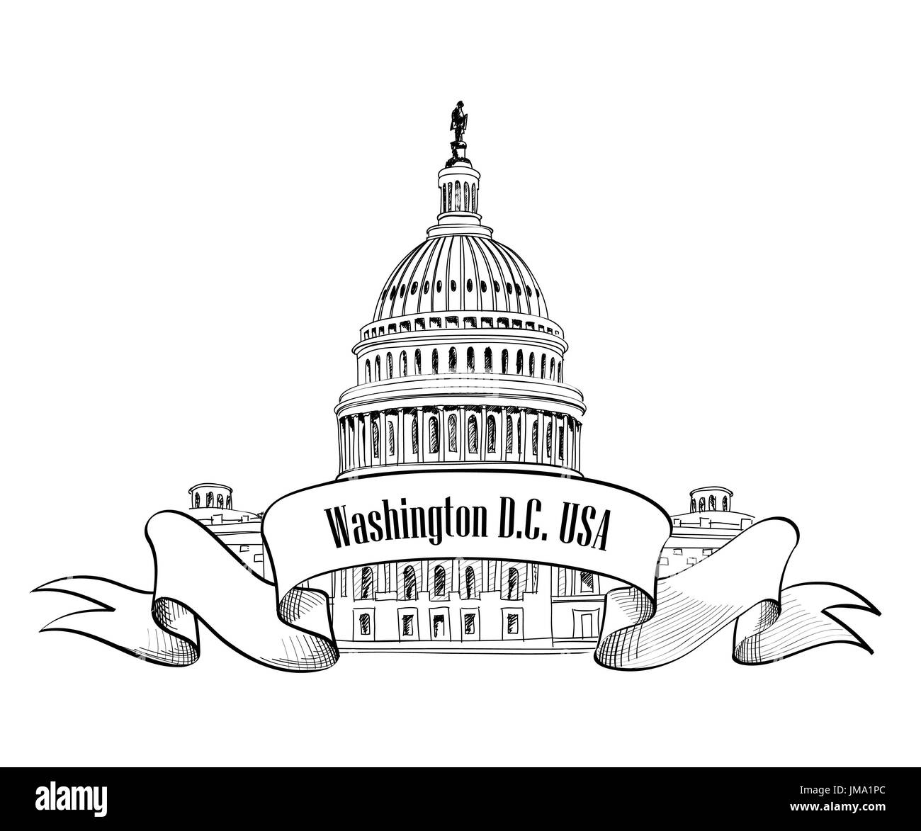 Washington dc simbolo. United States Capitol (Capitol Hill, u. s. capitol dome). vettore mano bozzetto isolati su sfondo bianco. Foto Stock