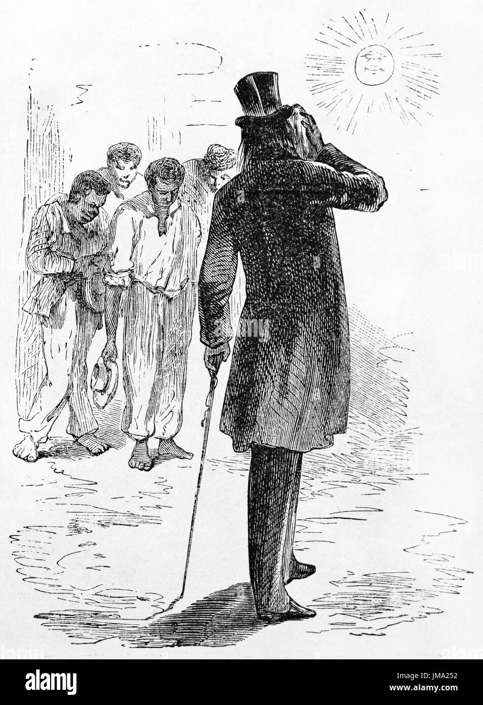 Vecchia illustrazione di un uomo vestito di nero visto dal retro. Creato da Gauchard, pubblicato in Le Tour du Monde, Parigi, 1861. Foto Stock