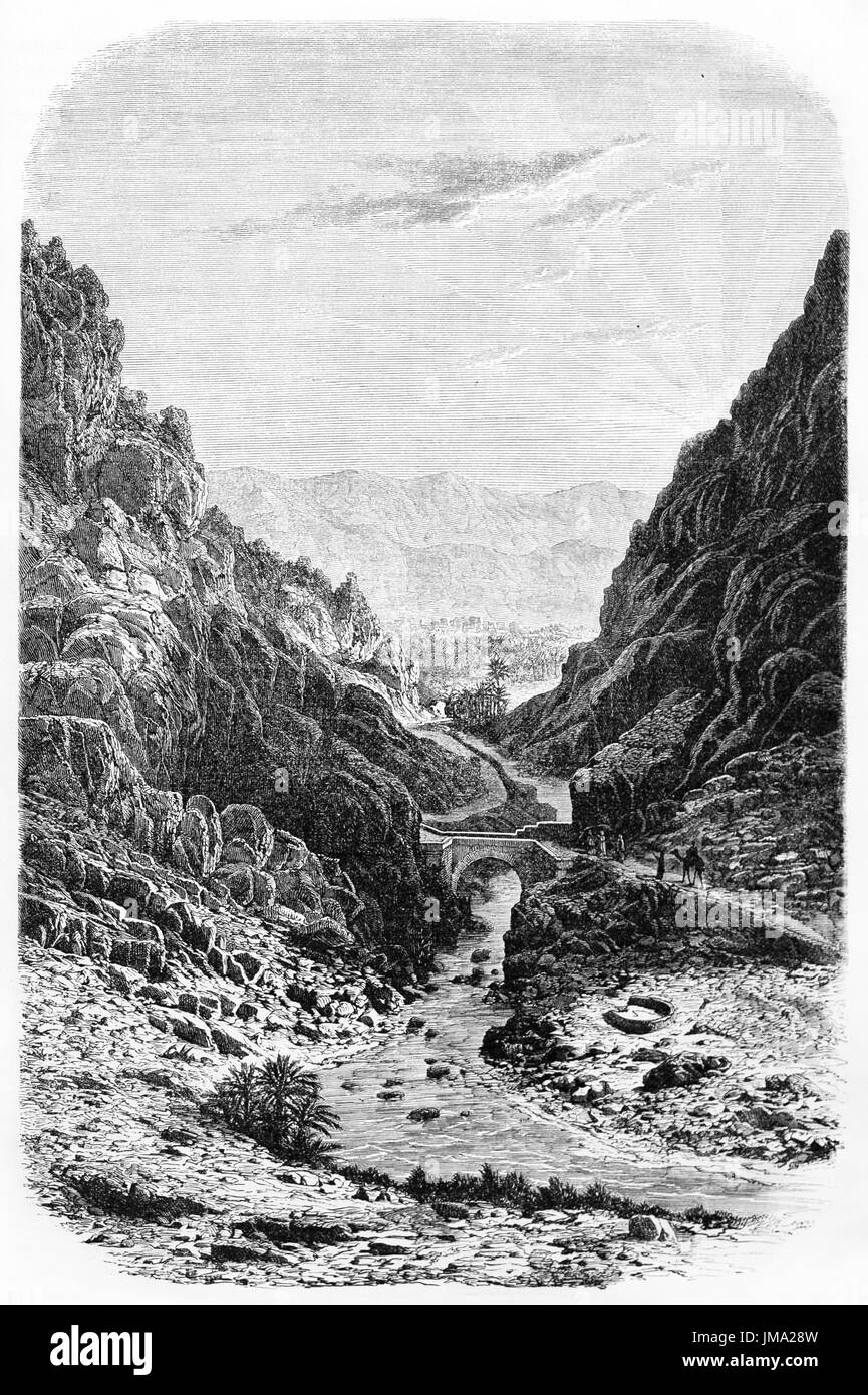 Vista vecchia di El Kantara gorge (la bocca del deserto), Biskra provincia, Algeria. Creato da A. De Bar e Maurand dopo foto di Beaucorps, pubblicato Foto Stock