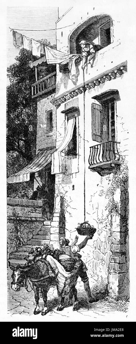Vecchia immagine della donna napoletana comprare cibo quotidiano abbassamento di un cesto dalla terrazza. Creato da Ferogio, pubblicato in Le Tour du Monde, Parigi, 1861 Foto Stock