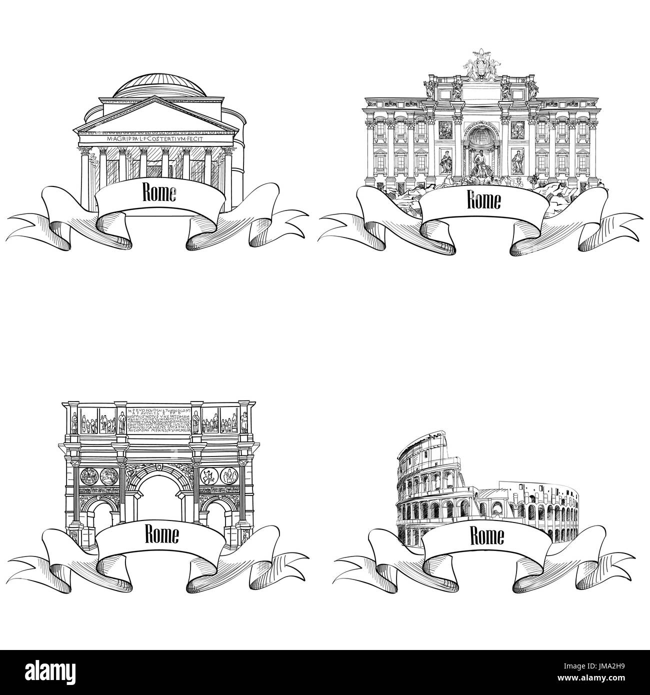 Roma citiy punti di riferimento: Pantheon, Constantin di Arco, Fontana di Trevi, Colosseo. Travel luogo famoso segno set. Foto Stock