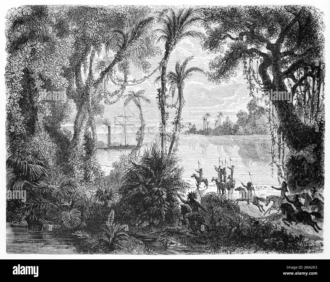 Vecchia illustrazione di Gran Chaco nativi (Paraguay), guardando il sistema di cottura a vapore nave arrivo. Creato da Villevieille dopo la pagina, pubblicato in Le Tour du Mond Foto Stock