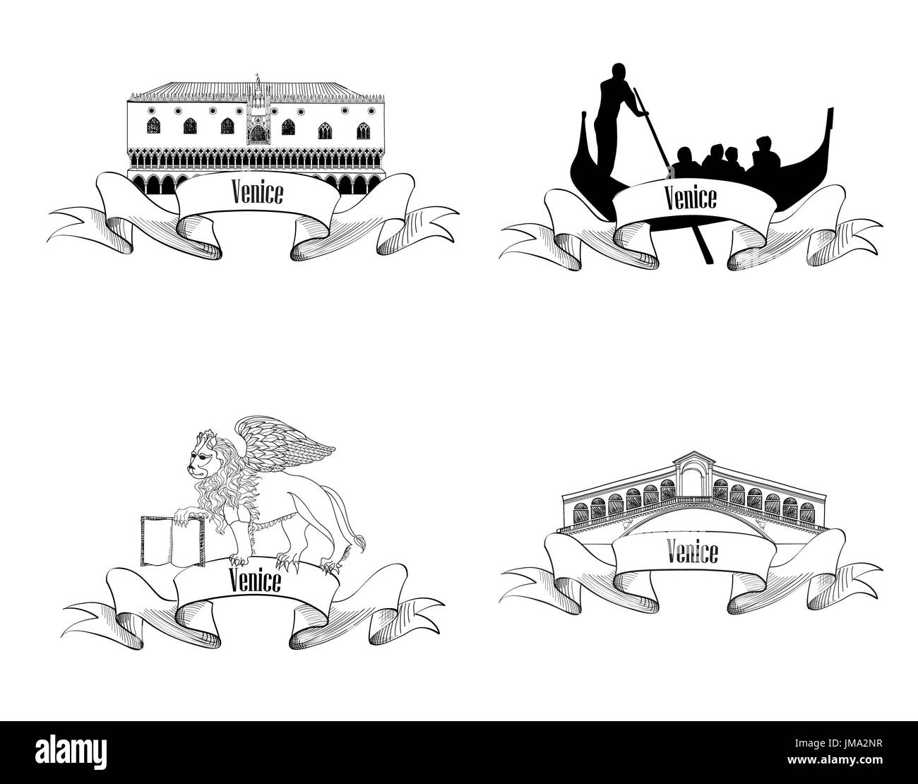 Venezia il set di simboli. Gondola, dal Ponte di Rialto, Palazzo Ducale, San Marco Lion. Monumenti di Venezia. Viaggiare in Italia label Sketch collezione. Città di etichette. Foto Stock