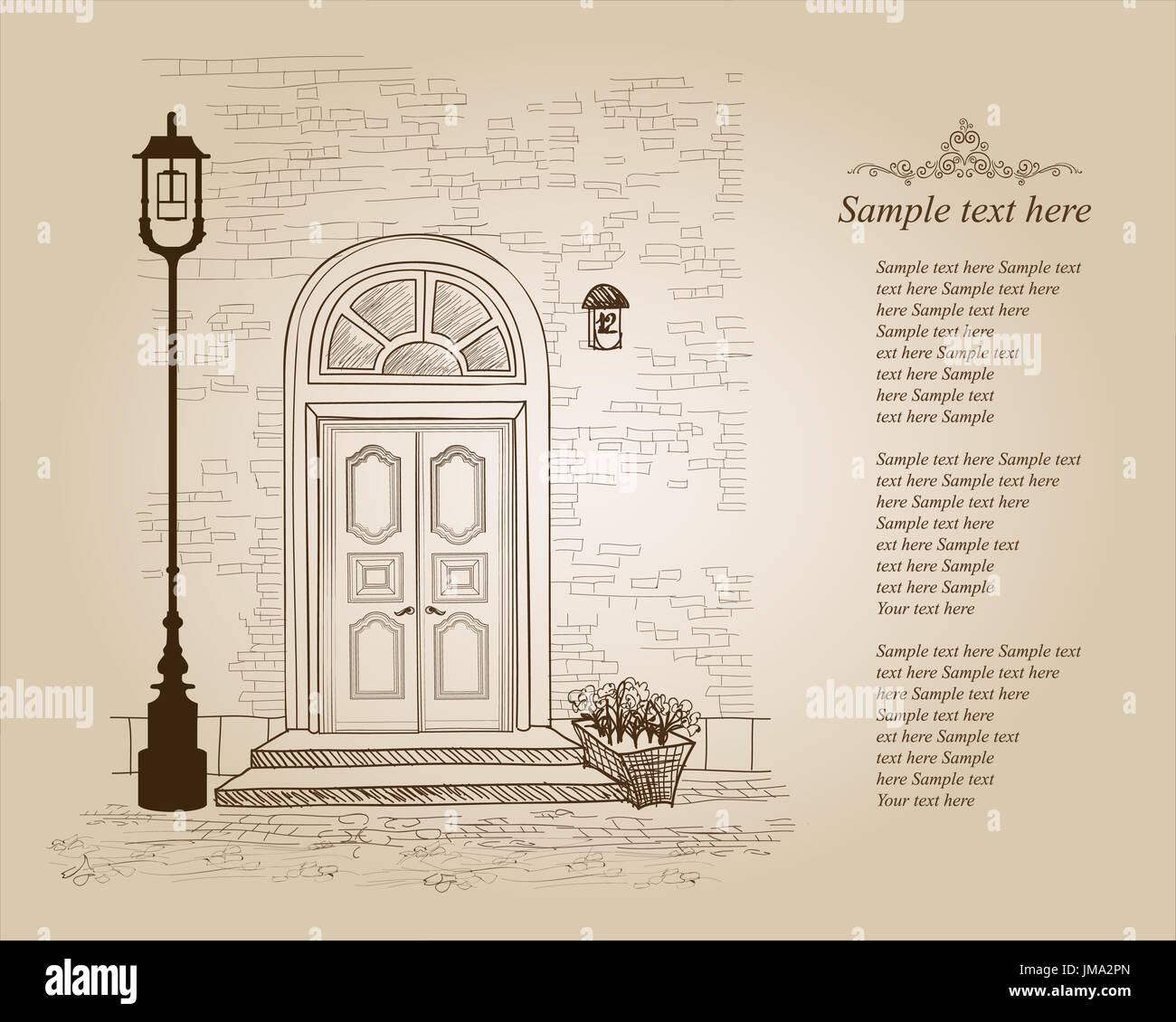 Sportello anteriore casa europea. Elegante residenza di città di Londra. In stile vintage sfondo con spazio di copia Foto Stock