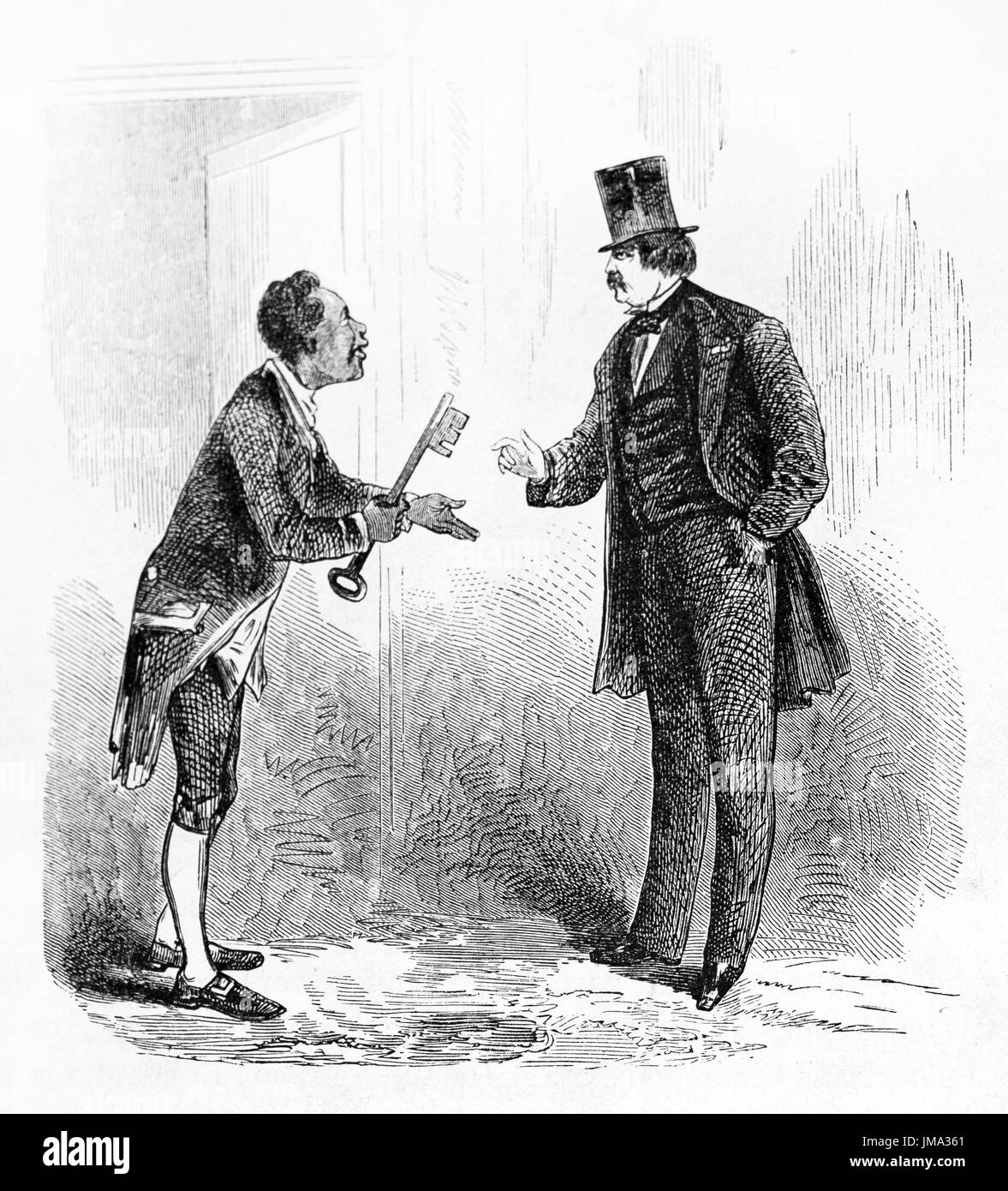 Vecchia immagine raffigurante un operatore offrendo una grande chiave di uomo elegante. Da autore non identificato, pubblicato in Le Tour du Monde, Parigi, 1861. Foto Stock