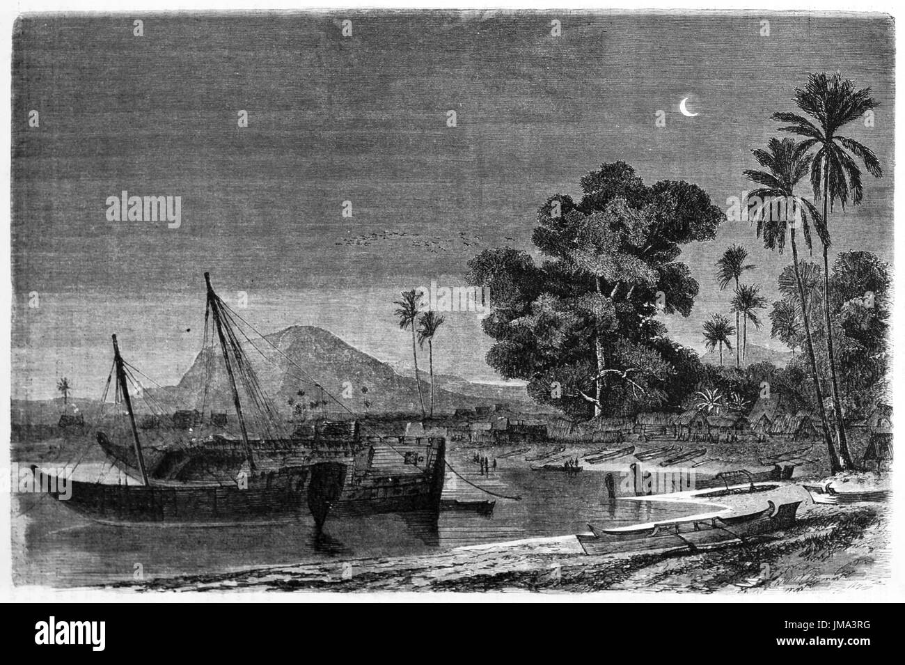 Malgasy dows attraccato in Madagascar calma baia d'acqua di notte (dhow è una tipica barca nel Mar Rosso e l'oceano Indiano). Arte di Bérard, Tour du Monde, 1861 Foto Stock