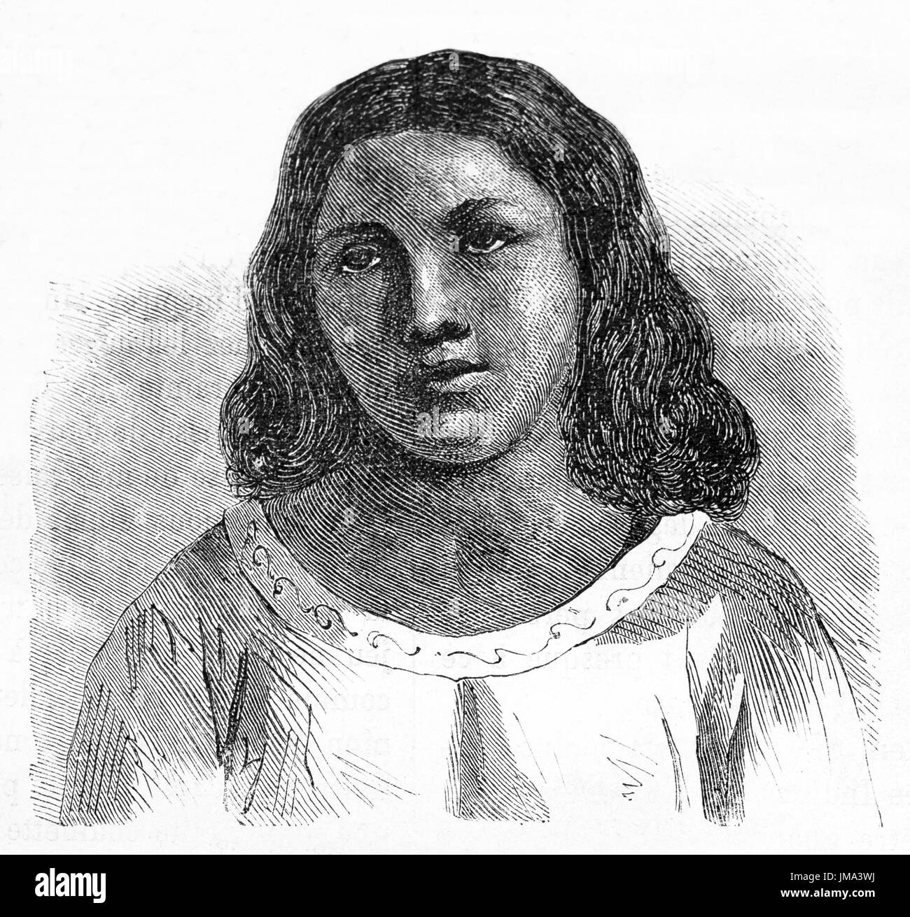 Primo piano ritratto della giovane donna Manaos, Brasile, in un'espressione facciale ieratica. Antica arte di incisione di un autore non identificato, le Tour du Monde, 1861 Foto Stock
