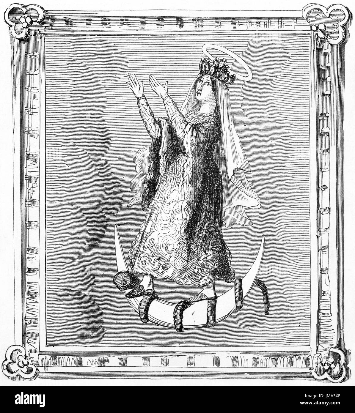 Riproduzione all'interno cornice di Maria Vergine immagine pregare sulla luna in una chiesa brasiliana. Arte antica di autore non identificato, le Tour du Monde, 1861 Foto Stock