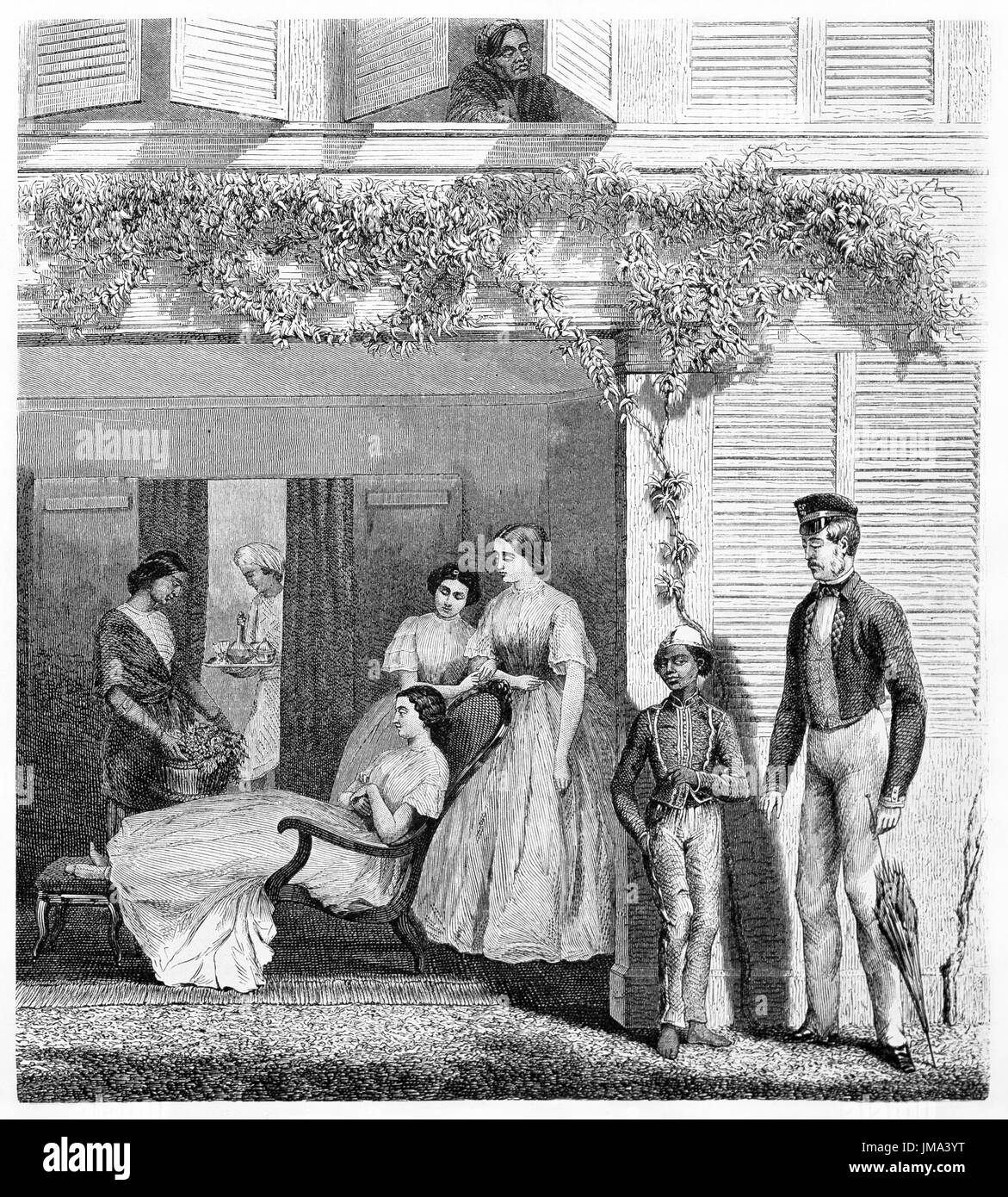 Mauritius ricchi coloni occidentali rilassarsi sotto un portico di una casa con finestre serrate. Antica arte di incisione di Potemont, le Tour du Monde, 1861 Foto Stock