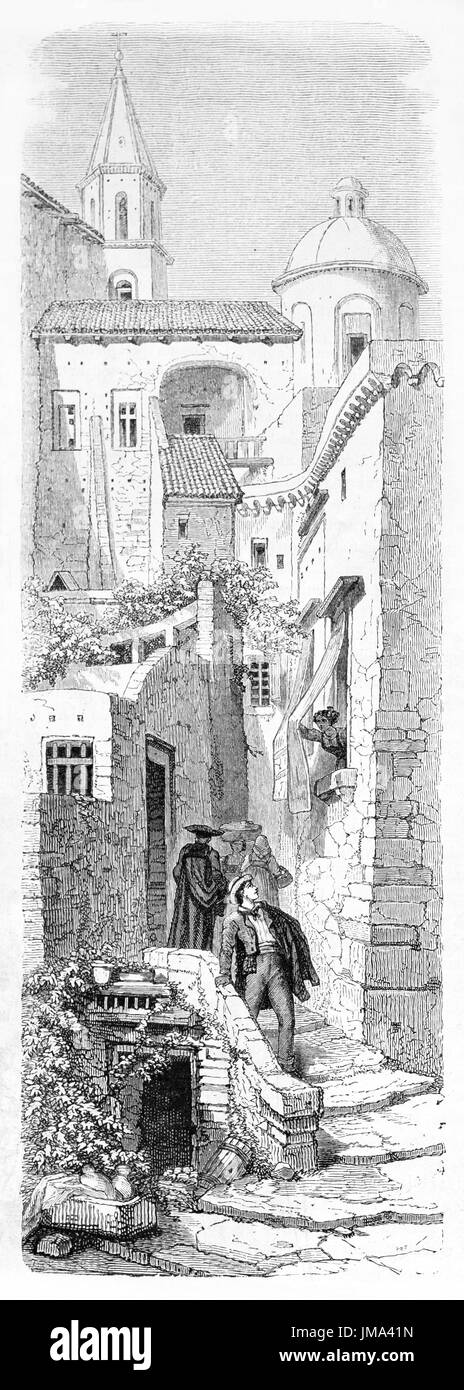 Illustrazione verticale rigorosa di un vicolo di Napoli, Italia, con la gente che saluta una vedova sulla finestra. Incisione di Sargent e Rondé, le Tour du Monde, 1861 Foto Stock