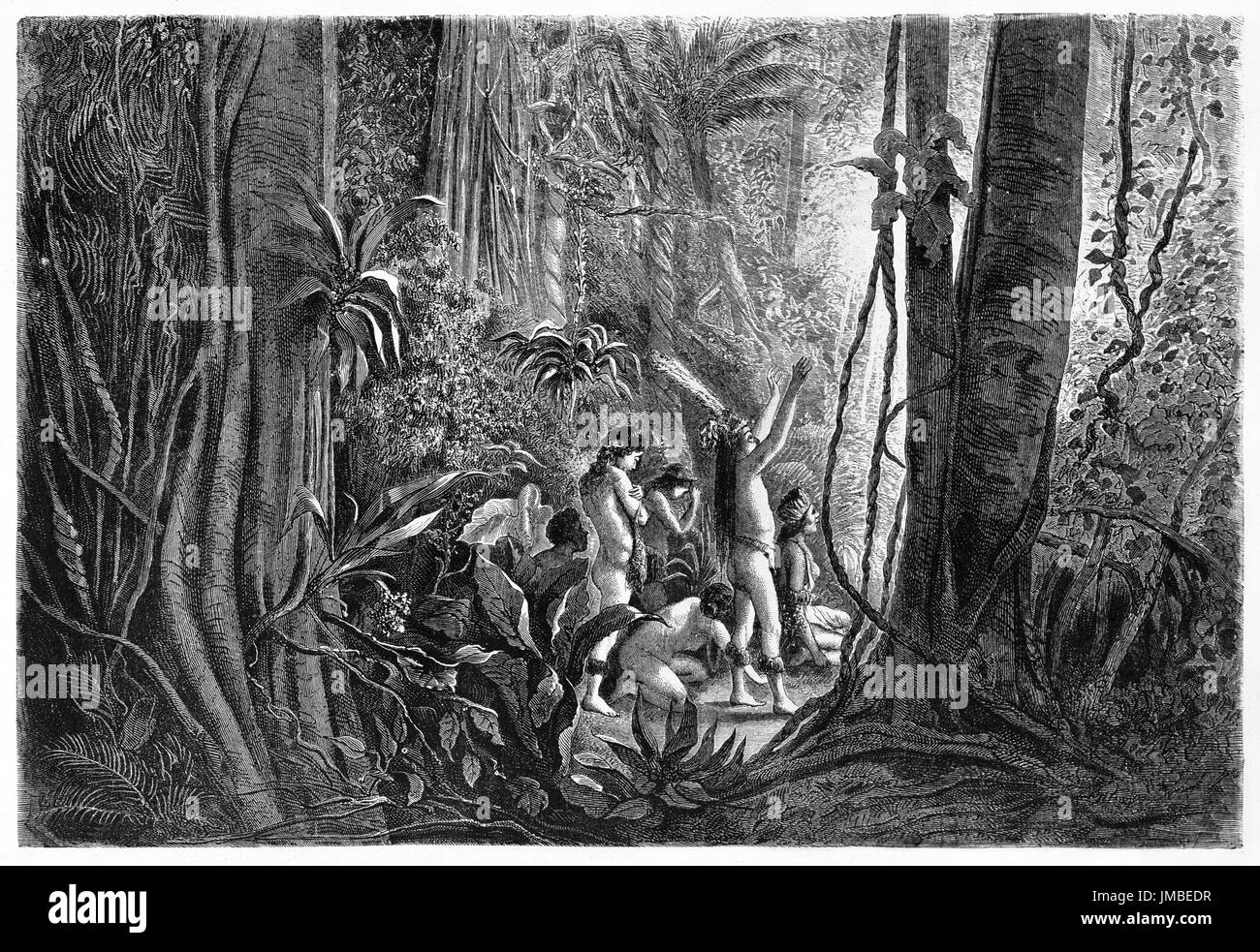 gruppo di nativi amazzonici che pregano illuminati dal sole nella giungla fortemente aggrovigliata che li incornicia. Art di Riou, HotelIn, Sargent e Hurel, 1861 Foto Stock