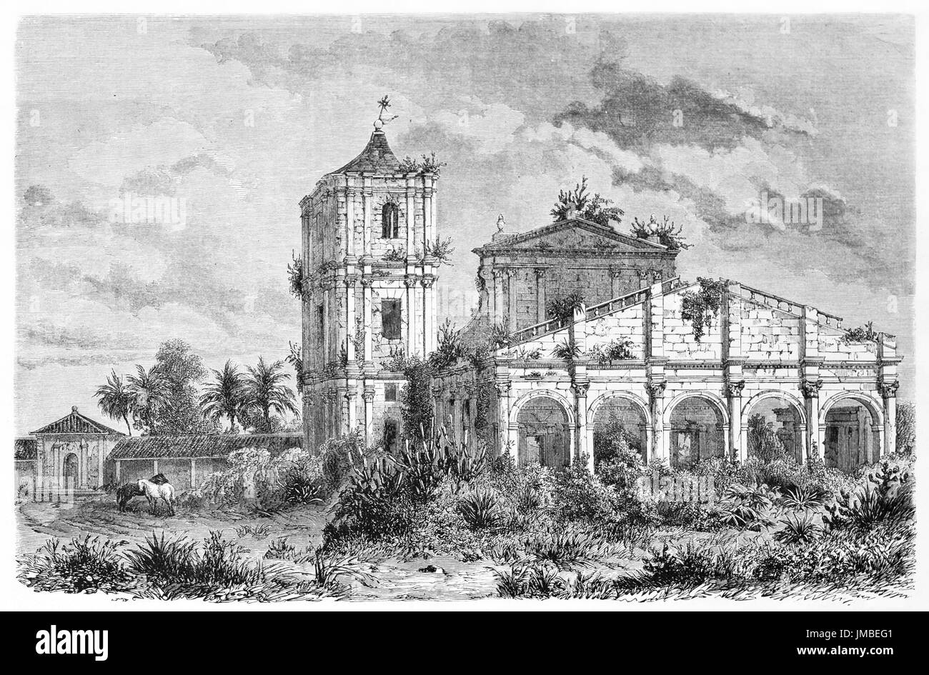 Saint-Michel missione chiesa rovine di pietra con erbacce all'aperto nella natura, Paraguay. Antica arte di incisione in tonalità di grigio di Lancelot, 1861 Foto Stock