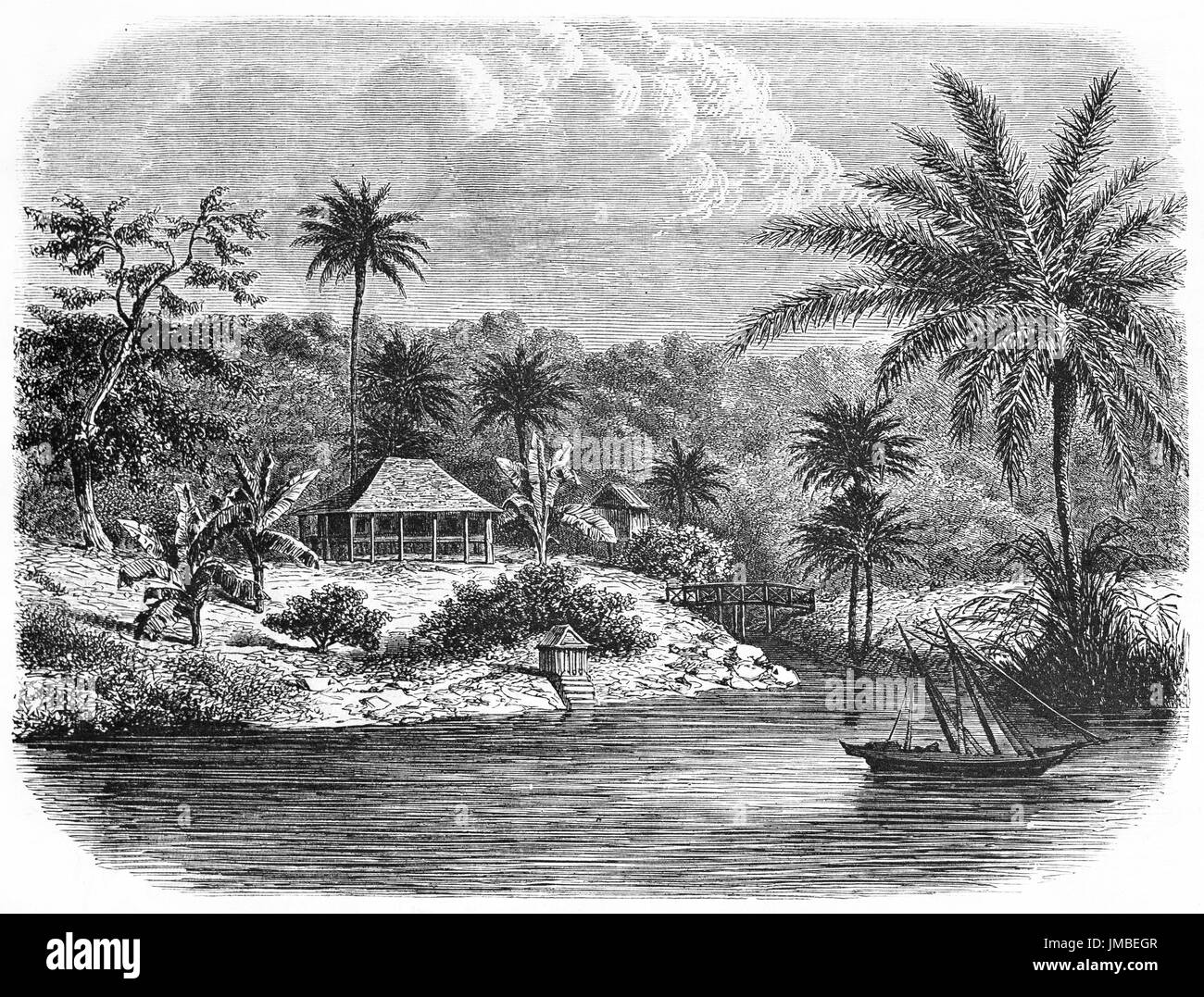 Edificio luminoso in legno che sorge su una riva circondata da palme, James Brooke casa a Sarawak, Borneo (politico inglese ed esploratore 1803-1868). 1861 Foto Stock