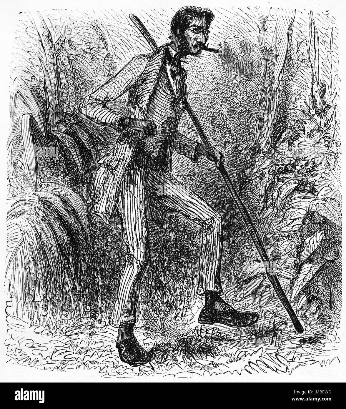 Elegante e divertente uomo sottile che tiene un palo, corpo pieno nella giungla. Antica pittura di stile di incisione in tonalità di grigio di Gauchard, le Tour du Monde, 1861 Foto Stock