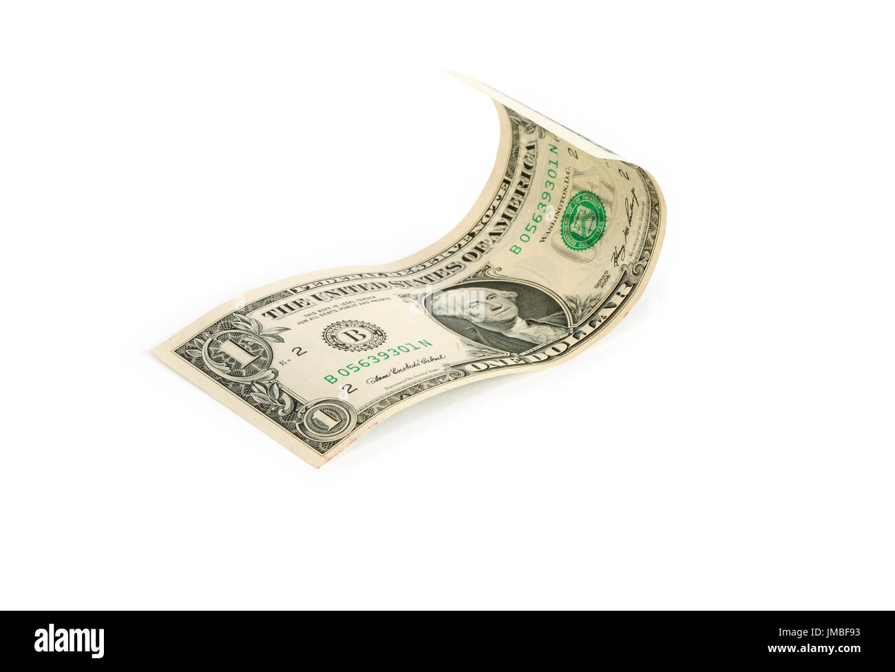 Sventolato un dollaro su sfondo bianco. Isolato con tracciato di ritaglio Foto Stock