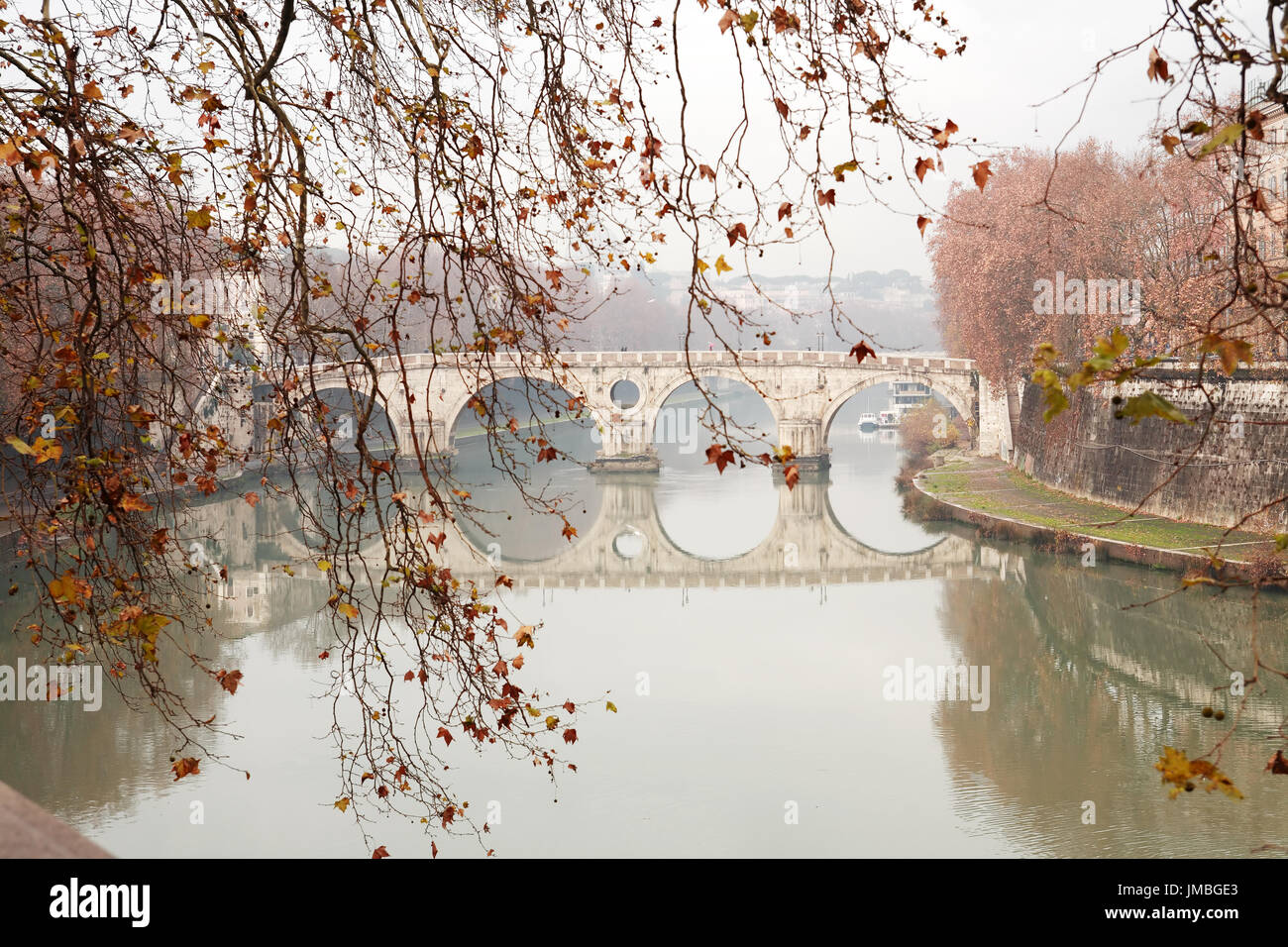 Foglie di autunno ramoscello sullo sfondo con antico ponte sul fiume Tevere. Roma, Italia Foto Stock