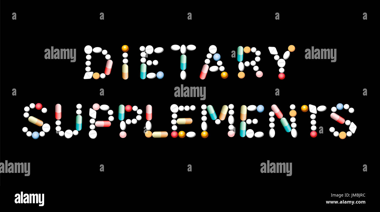 Integratori dietetici scritto con pillole - in materia di assunzione di vitamine, proteine e minerali in aggiunta ad alimenti naturali. Foto Stock
