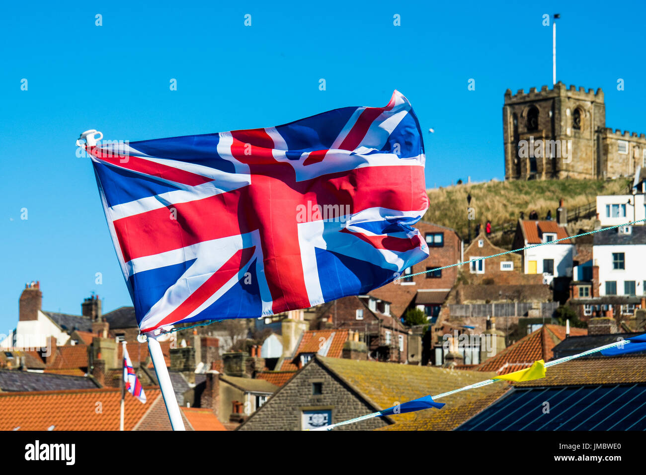 Union Jack Porto di Whitby Yorkshire Foto Stock