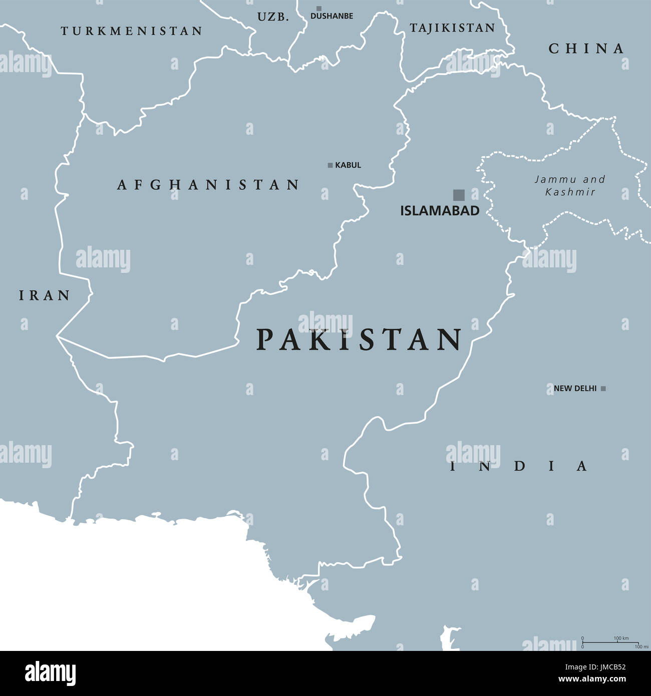 Pakistan mappa politico con capitale Islamabad e frontiere. Repubblica islamica e paese in Asia del Sud e sul Mare Arabico. Illustrazione di grigio. Foto Stock