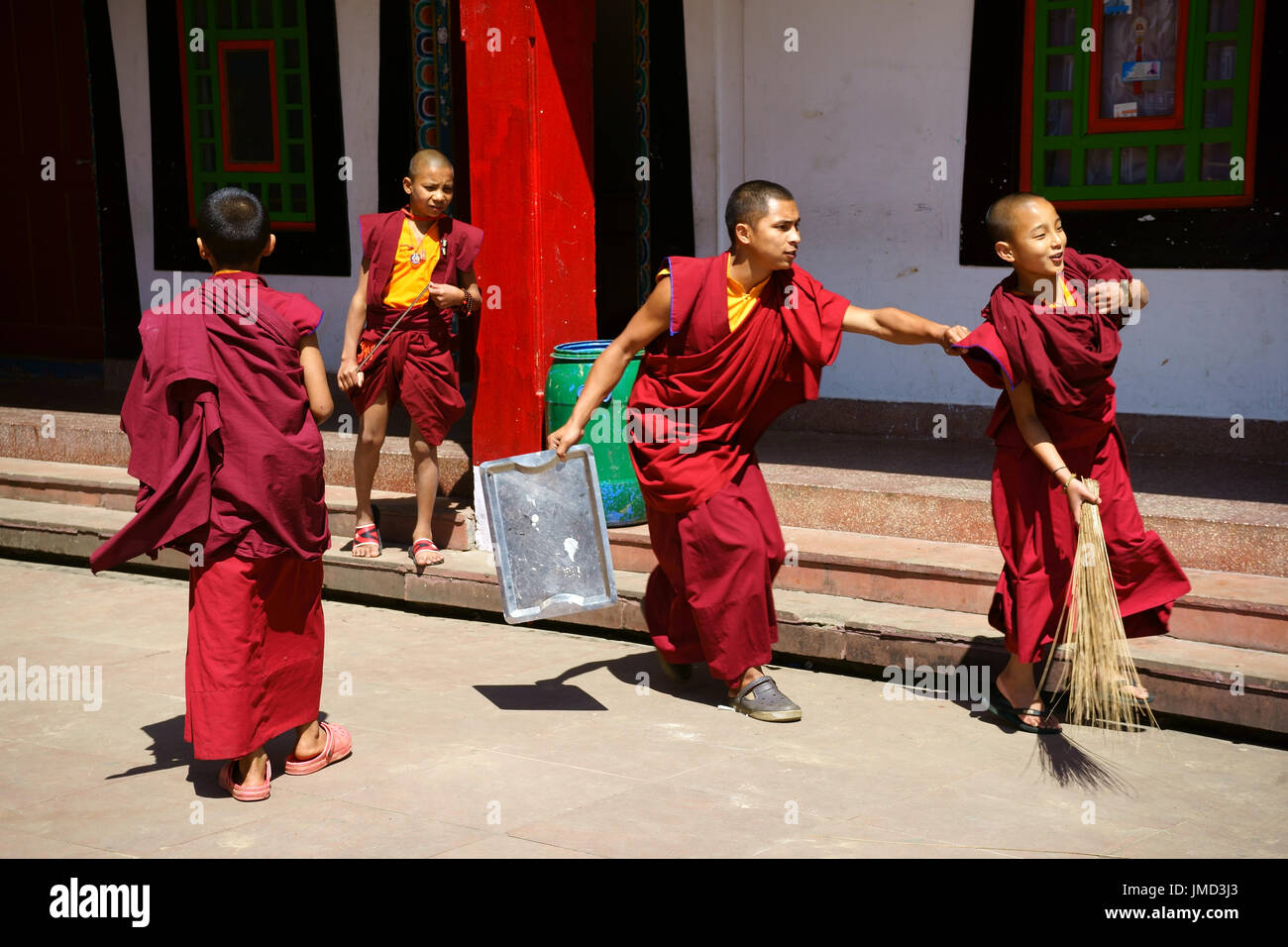I giovani monaci buddisti suonando mentre facendo faccende, Dharma Centro Chakra, Rumtek, Sikkim, India Foto Stock