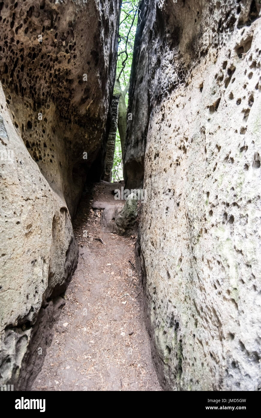 Stretto sentiero escursionistico tra rocce di arenaria in Bludiste rock formazione vicino castello di Kokorin in Repubblica Ceca Foto Stock