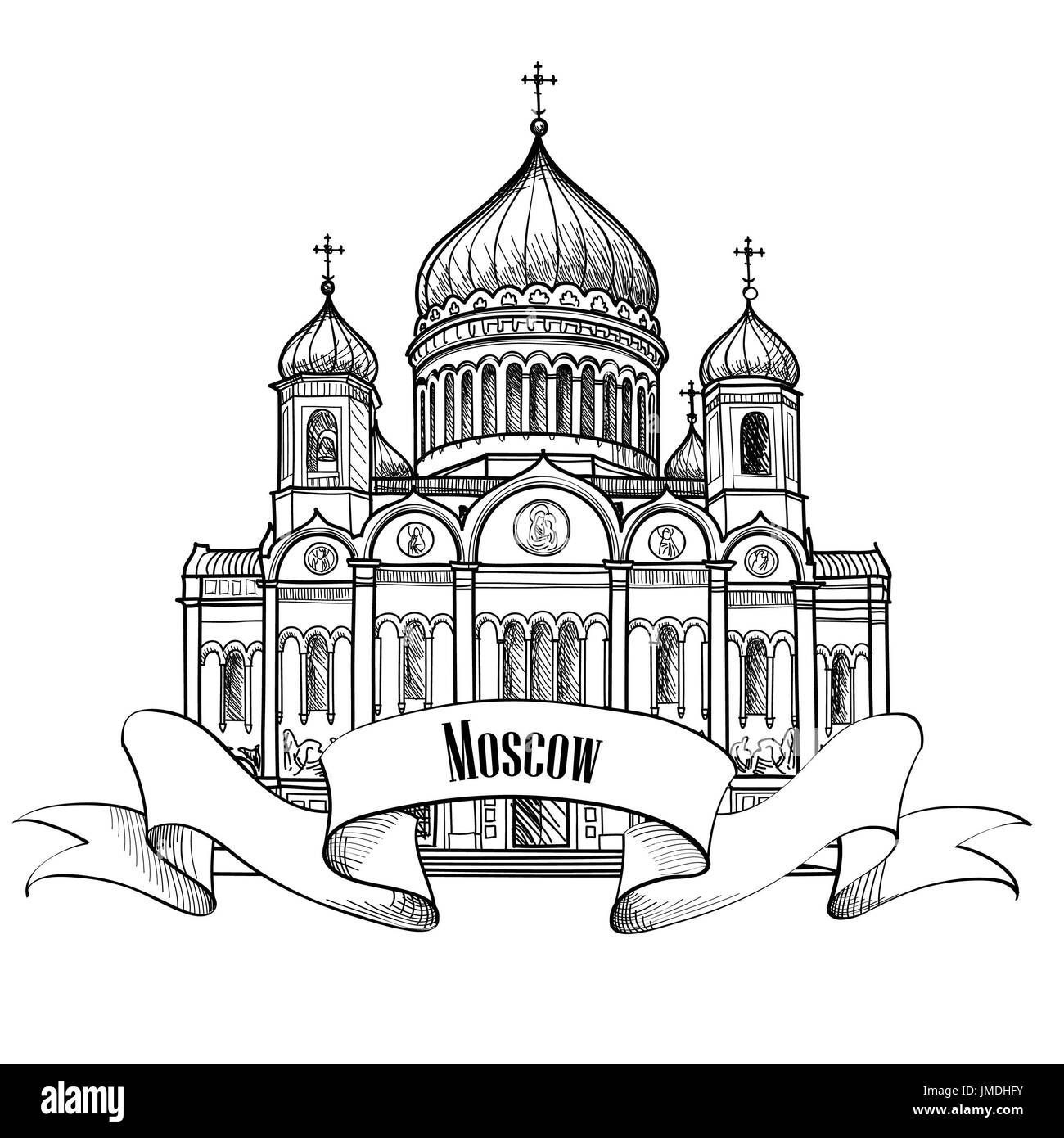 La Cattedrale di Cristo Salvatore a Mosca, in Russia. La città di viaggio etichetta. Illustrazione Vettoriale. Foto Stock
