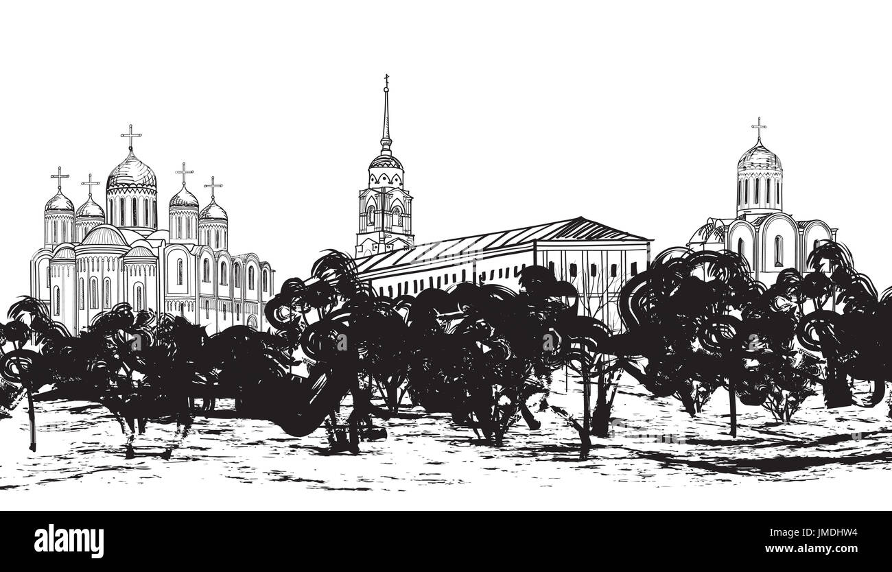 Vecchia città russa paesaggio disegnato a mano illustrazione vettoriale. Vista di Vladimir cityscape. Antica città. L'anello d'oro della Russia. Foto Stock
