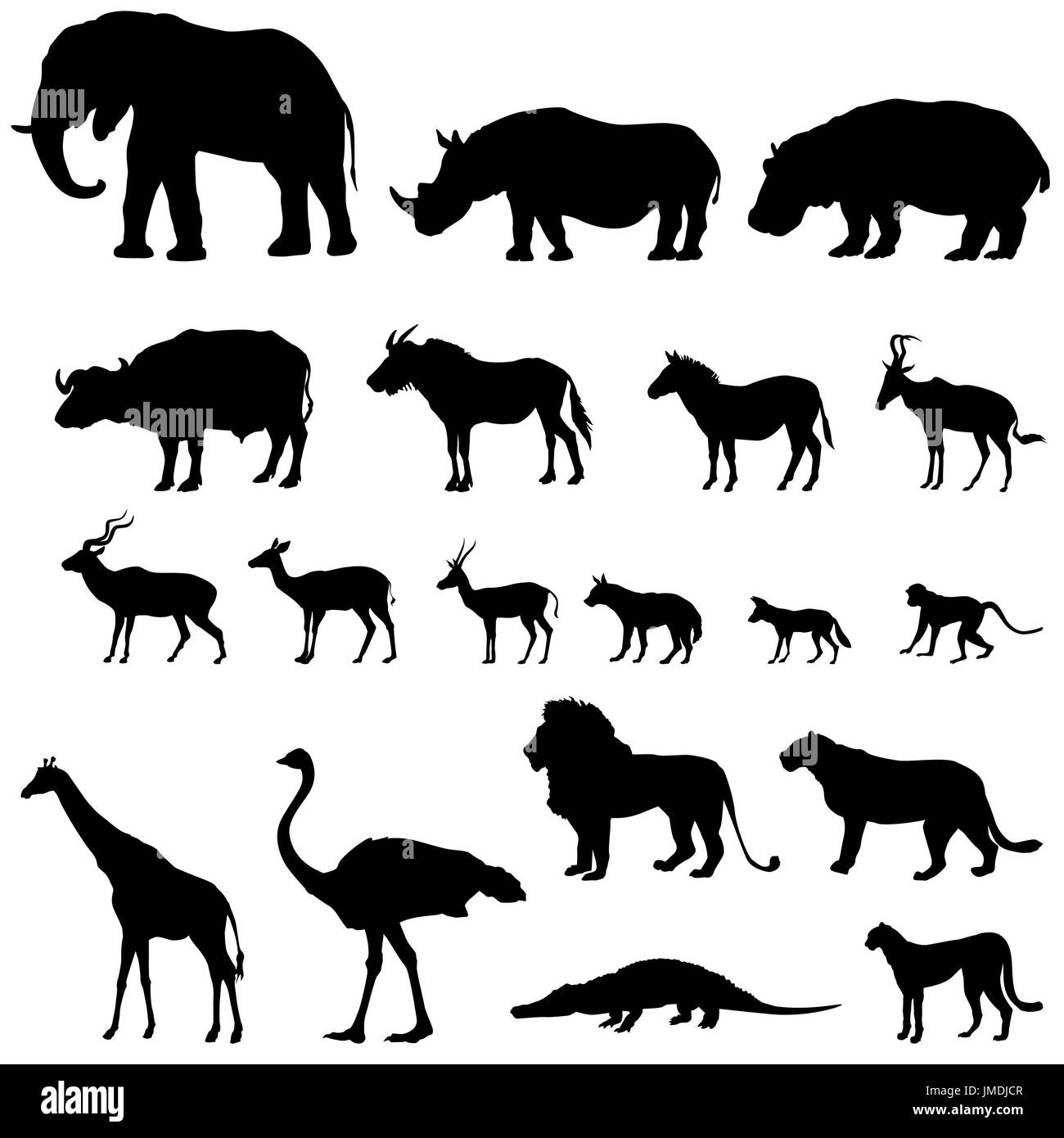 Animali africani sagome set. Vector animali della zona tropicale raccolta di icone. Foto Stock
