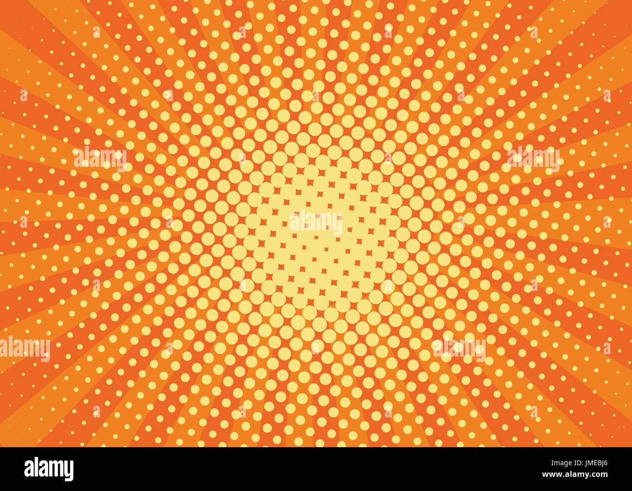 Arancione, giallo raggi e punti pop art background. retrò illustrazione vettoriale disegno per la progettazione. Illustrazione Vettoriale