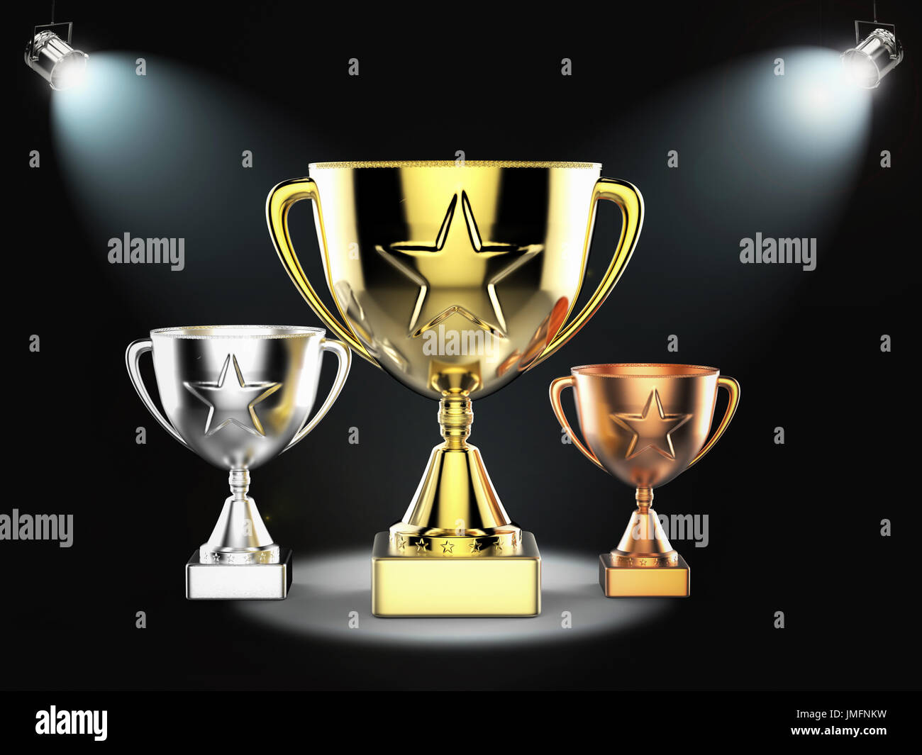 Il rendering 3d oro, argento e bronzo trophy sul palco con luci luminoso Foto Stock