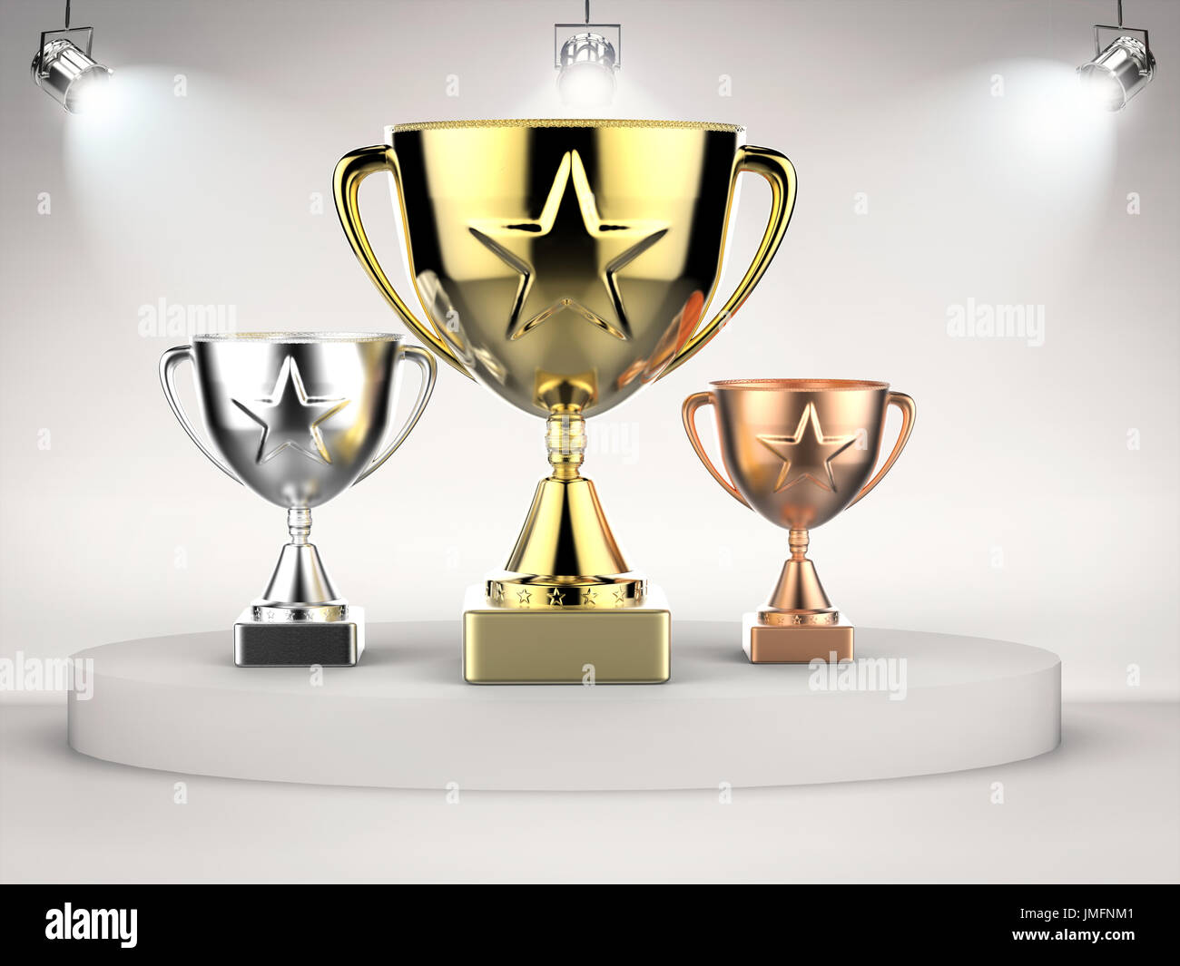 Il rendering 3d oro, argento e bronzo trophy sul palco con luci luminoso Foto Stock