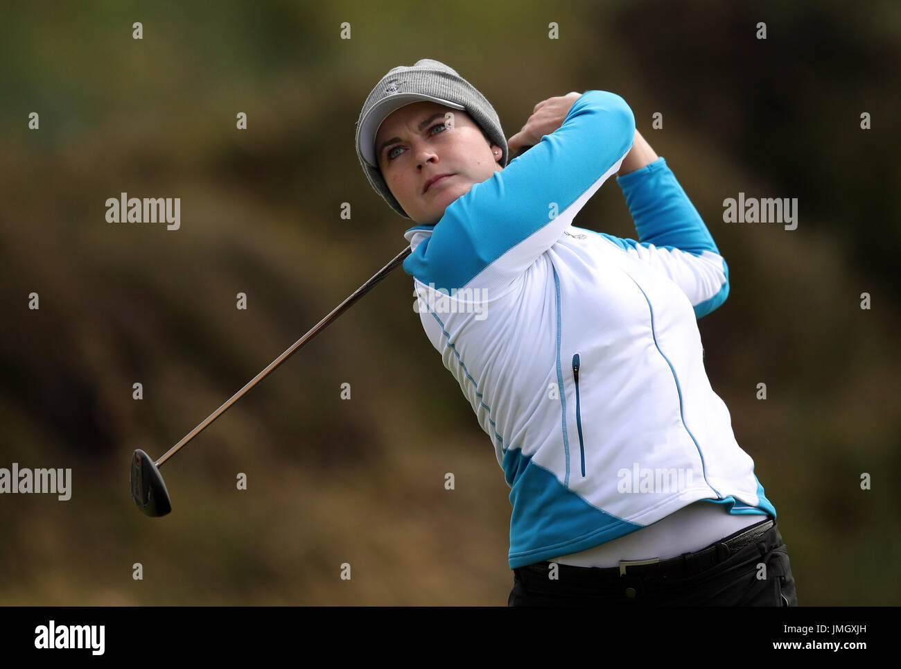 La Germania Caroline Masson sul secondo raccordo a t durante il primo giorno di Aberdeen Asset Management Ladies Scottish Open a Dundonald Links, North Ayrshire. Foto Stock