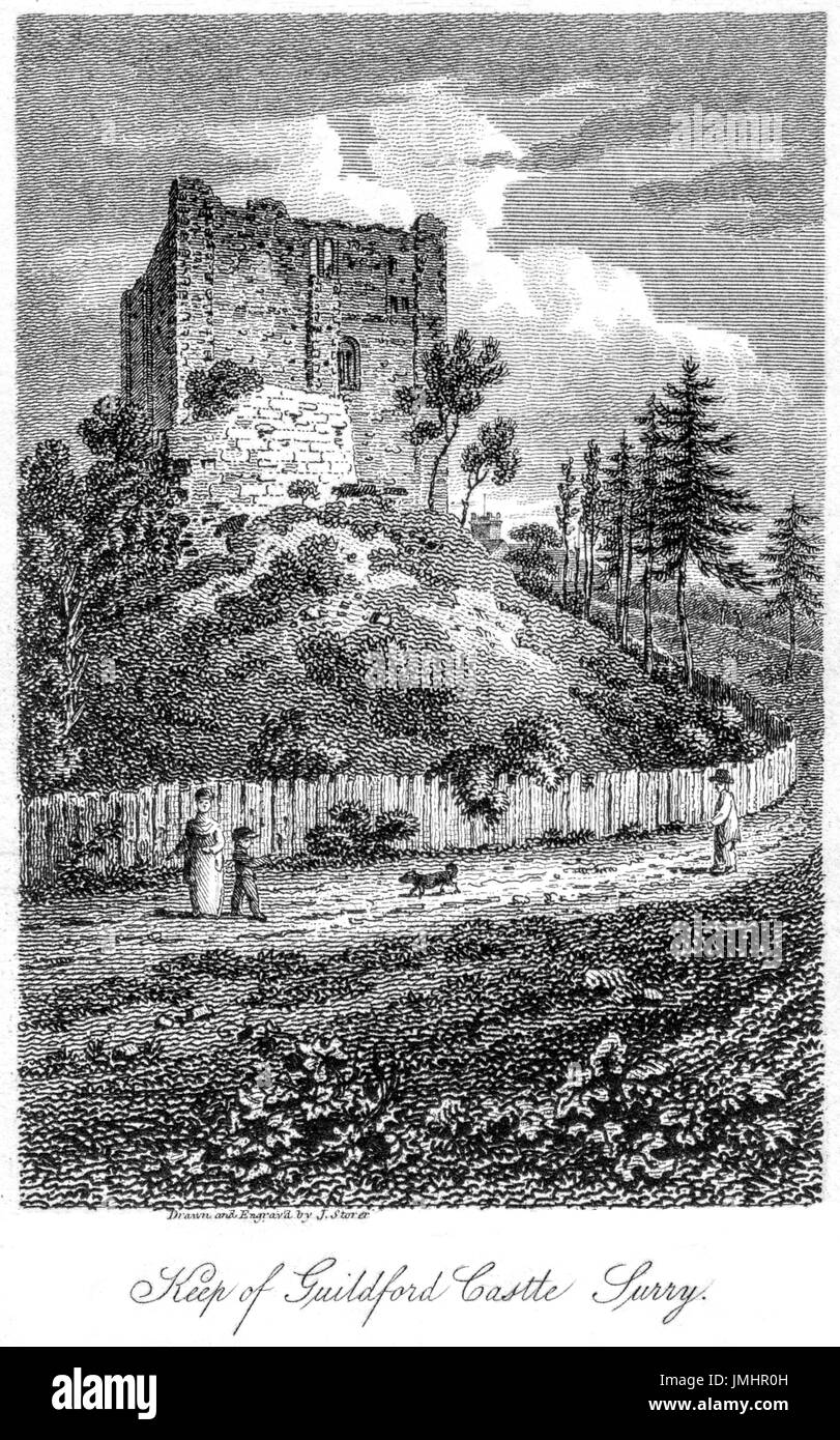 Una incisione del mastio del Castello di Guildford, Surry (Surrey) scansionati ad alta risoluzione da un libro stampato in 1808. Ritiene copyright free. Foto Stock