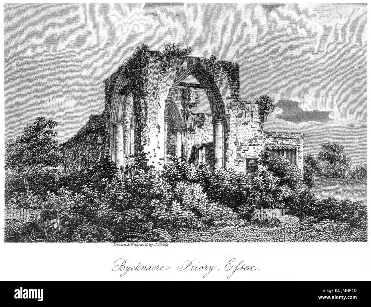 Una incisione di Bycknacre (Bicknacre) Priory, Essex scansionati ad alta risoluzione da un libro stampato in 1808. Ritiene copyright free. Foto Stock