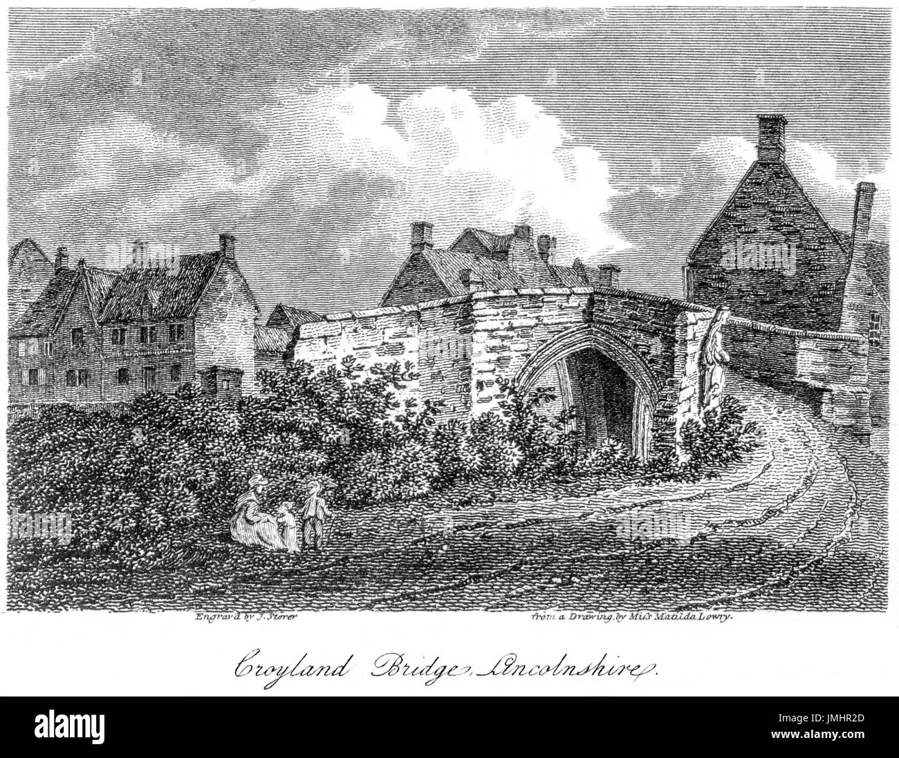 Incisione di Croyland Bridge (Ponte della Trinità, Crowland) Lincolnshire scansionati ad alta risoluzione da un libro stampato in 1808. Ritiene copyright free. Foto Stock