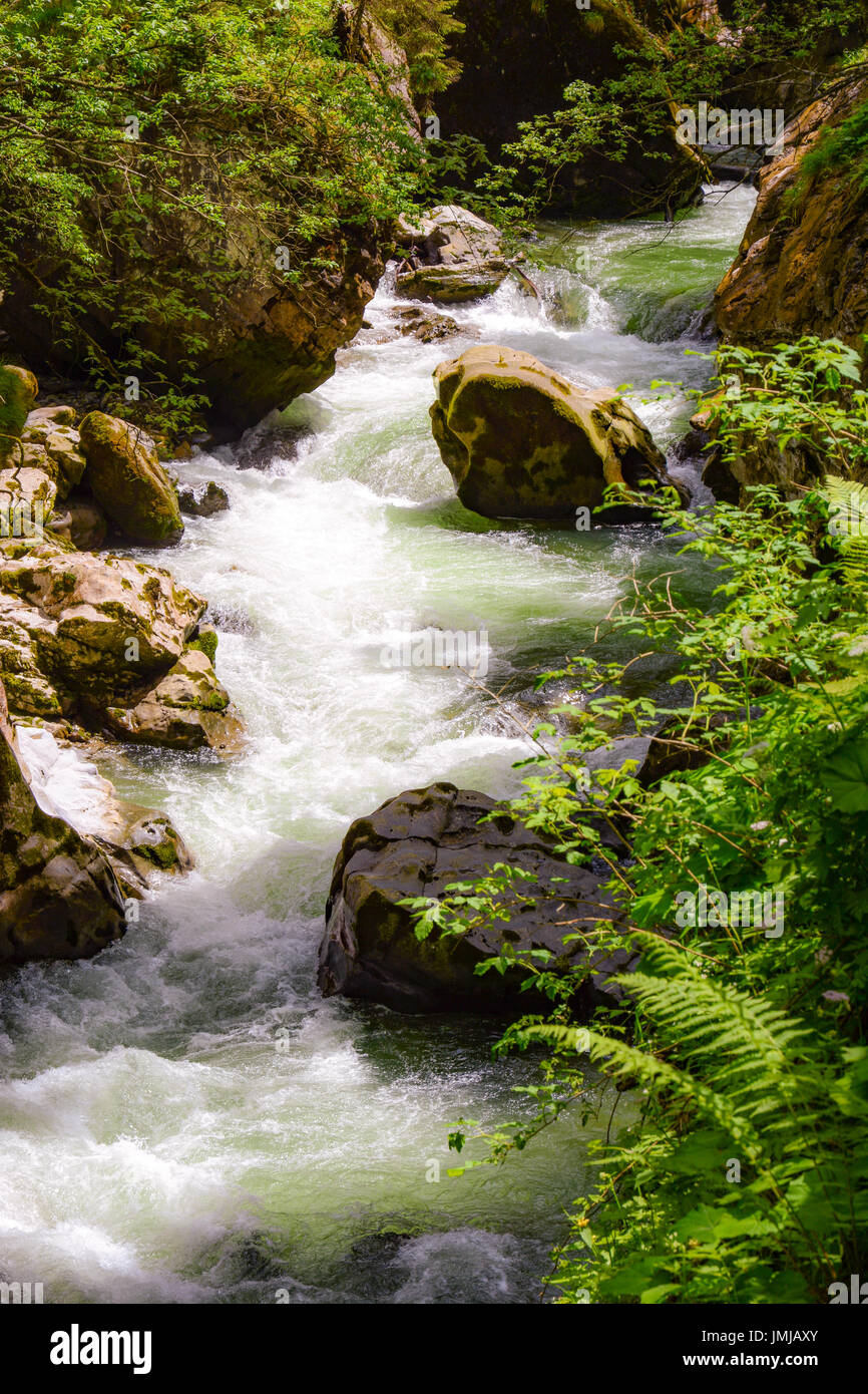 Il fiume selvaggio che fluisce attraverso il Breitachklamm Gorge Foto Stock