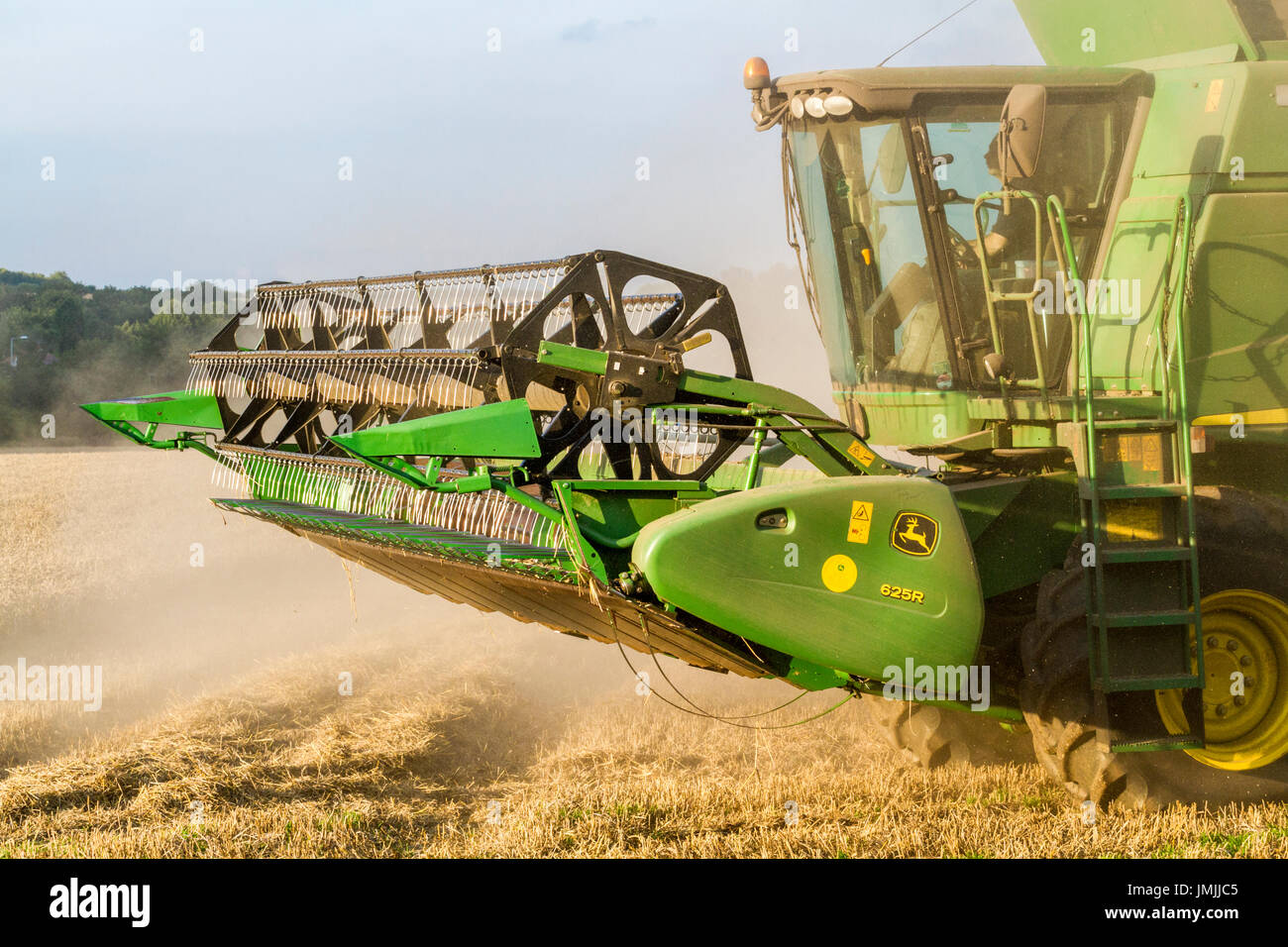 Testata sollevata che mostra l'aspo e la barra falciante e la cabina di una mietitrebbia durante la mietitura del grano, England, Regno Unito Foto Stock