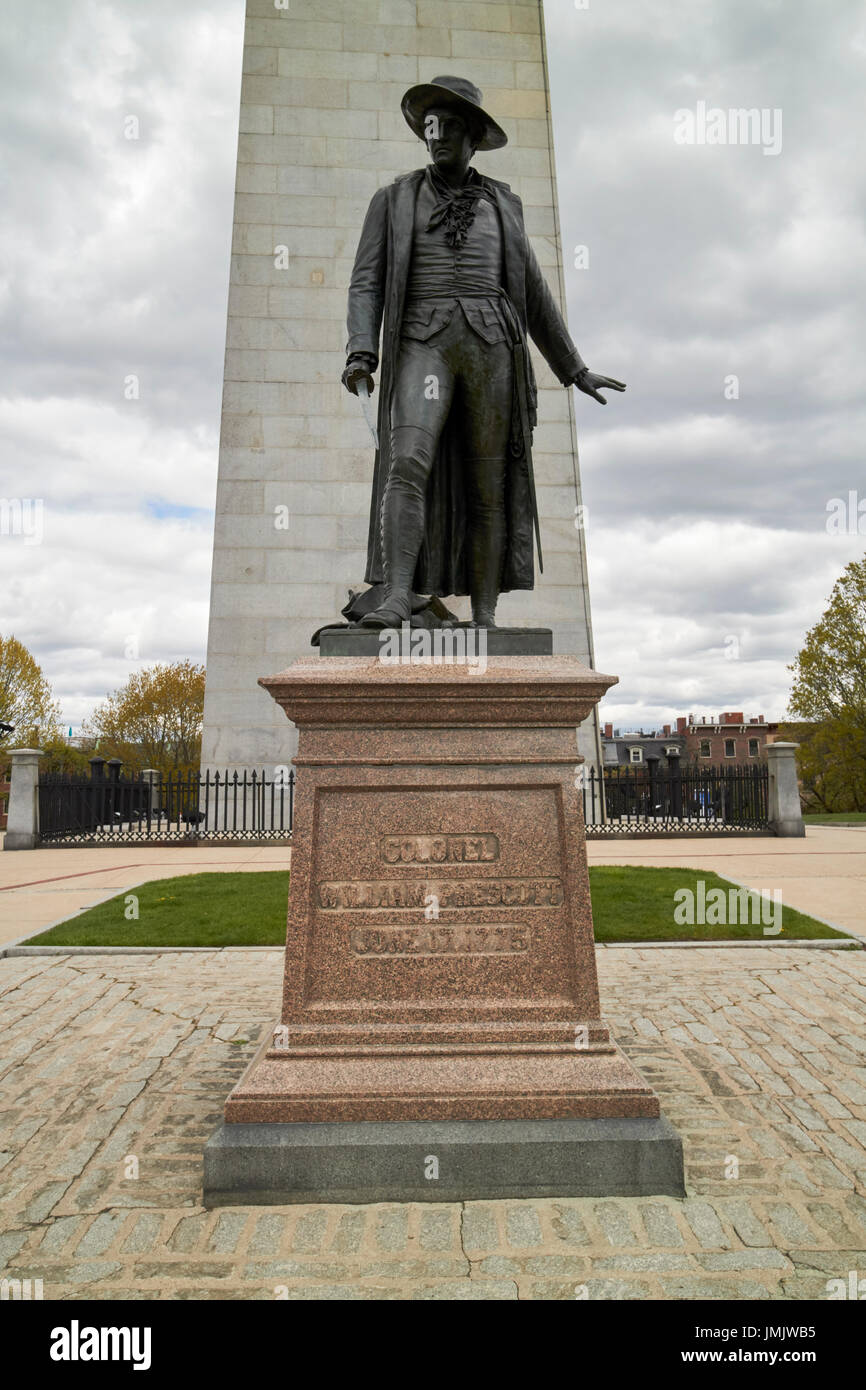 Statua di col william prescott monumento di Bunker Hill razze hill charlestown Boston STATI UNITI D'AMERICA Foto Stock