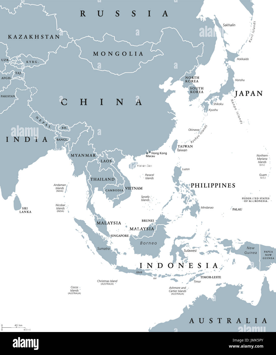 Oriente Asia mappa politico con i paesi e le frontiere. La provincia orientale del continente asiatico con la Cina, Giappone, Mongolia e Indonesia. Inglese. Foto Stock
