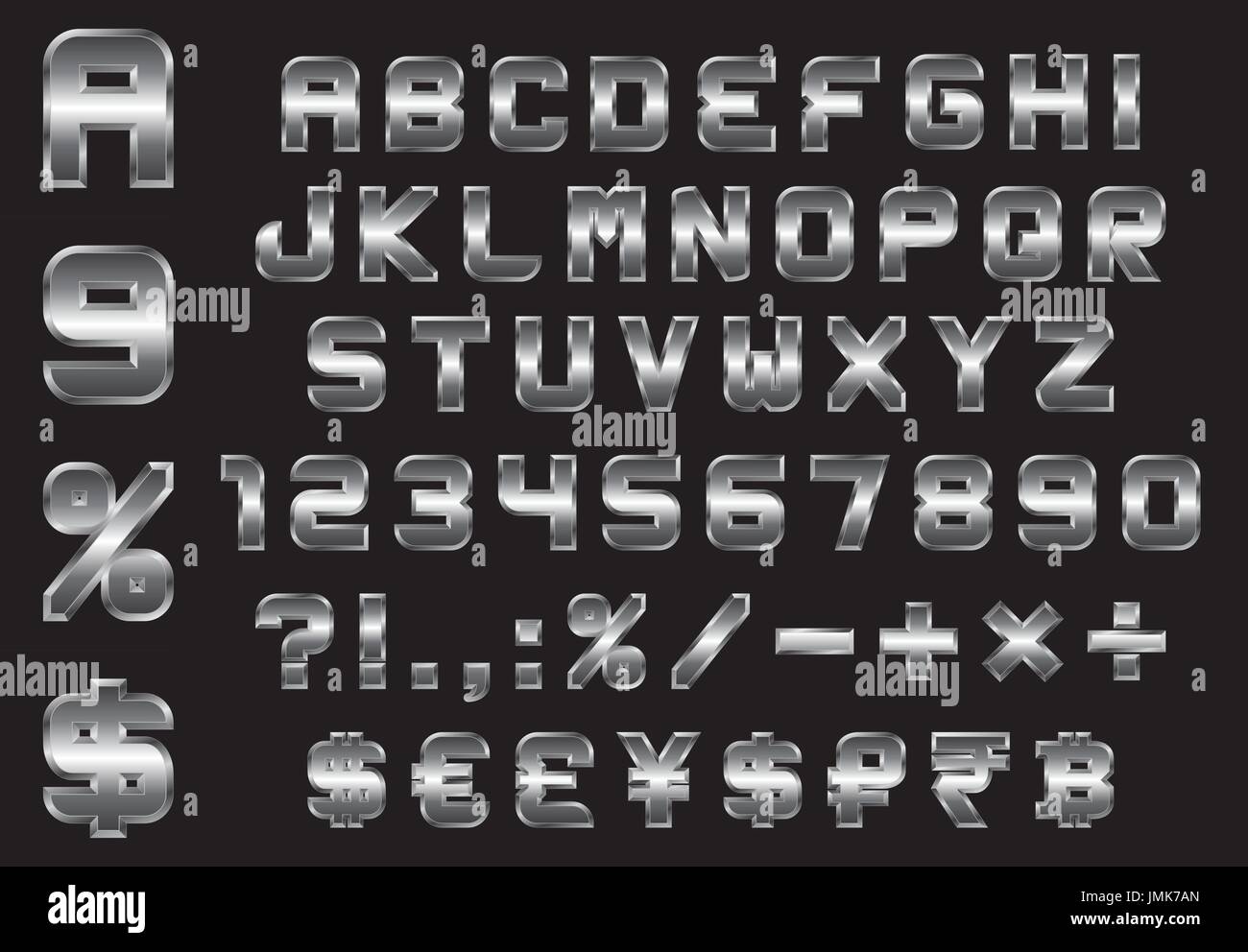 Alfabeto, numeri, valuta e simboli pack - rettangolare smussata font in metallo, vettore Illustrazione Vettoriale