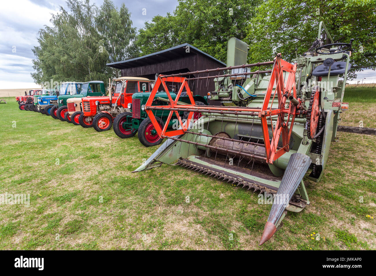 Incontro di vecchi macchinari agricoli, in primo piano Claas, Blazkov, Repubblica Ceca Foto Stock