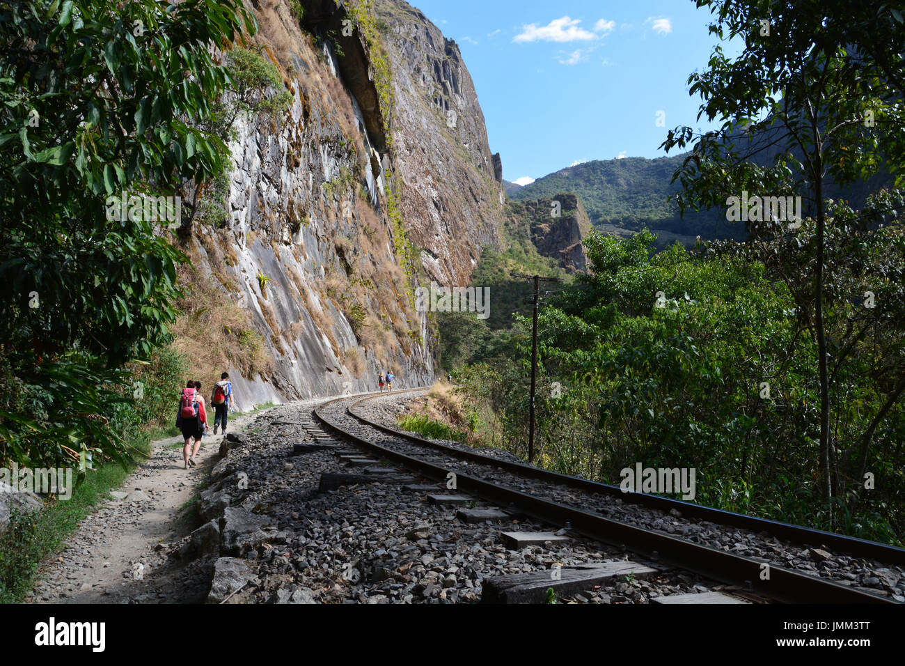 Come si arriva vicino il sentiero escursionistico in Aguas Calientes alla base del Machu Picchu segue i binari della ferrovia attraverso la valle. Foto Stock
