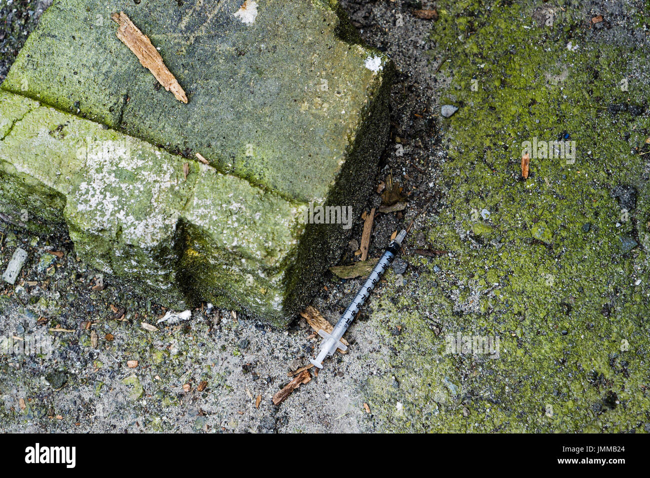 Vancouver, British Columbia, Canada. 12 Luglio, 2017. Usate una siringa con ago scartato in una città lane. Credito: Bayne Stanley/ZUMA filo/Alamy Live News Foto Stock