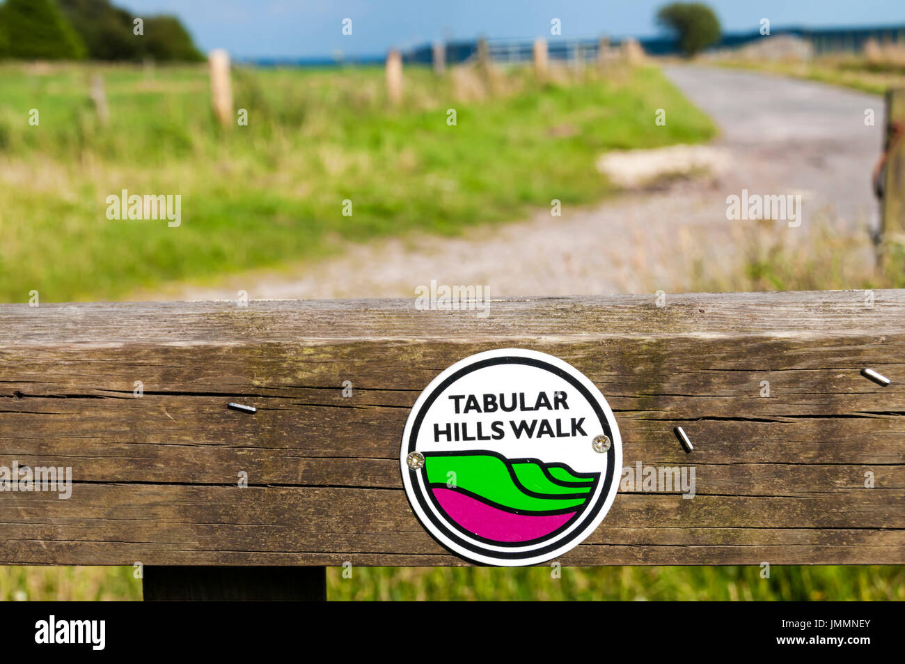 Un segno waymarking per le colline tabulari a piedi su un montante verticale in North York Moors National Park. Foto Stock