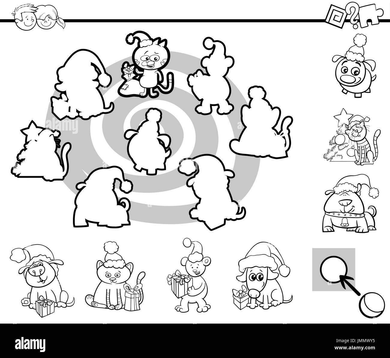 Bianco e Nero Cartoon illustrazione dell attività educativa per bambini in età prescolare con animali di Natale i caratteri nella pagina di colorazione Illustrazione Vettoriale