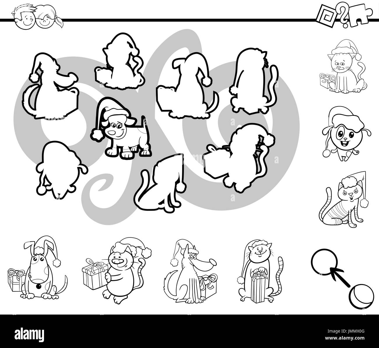 Bianco e Nero Cartoon illustrazione dell attività educativa per bambini in età prescolare con divertenti personaggi animali sul Natale Pagina di colorazione Illustrazione Vettoriale