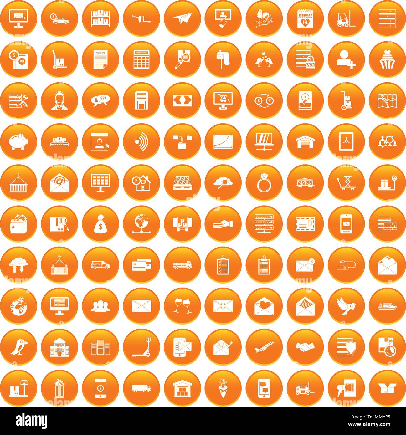 100 Servizio postale set di icone di colore arancione Illustrazione Vettoriale