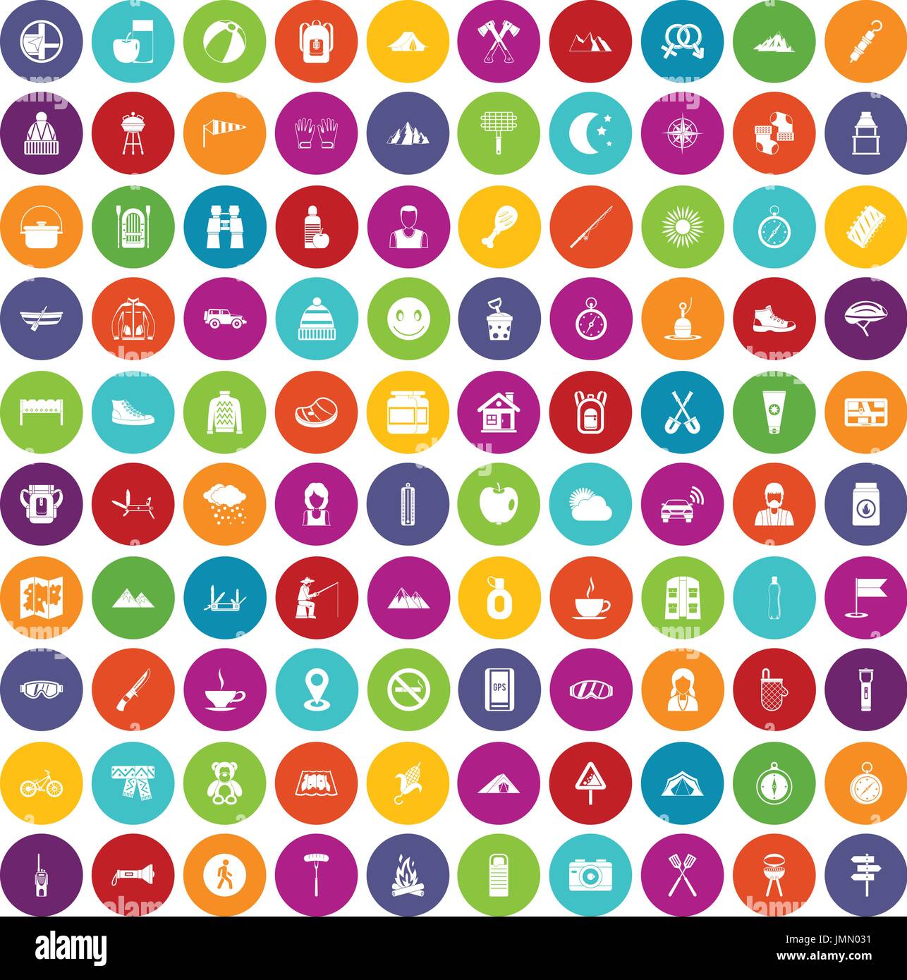 100 famiglia campeggio icone Imposta colore Illustrazione Vettoriale