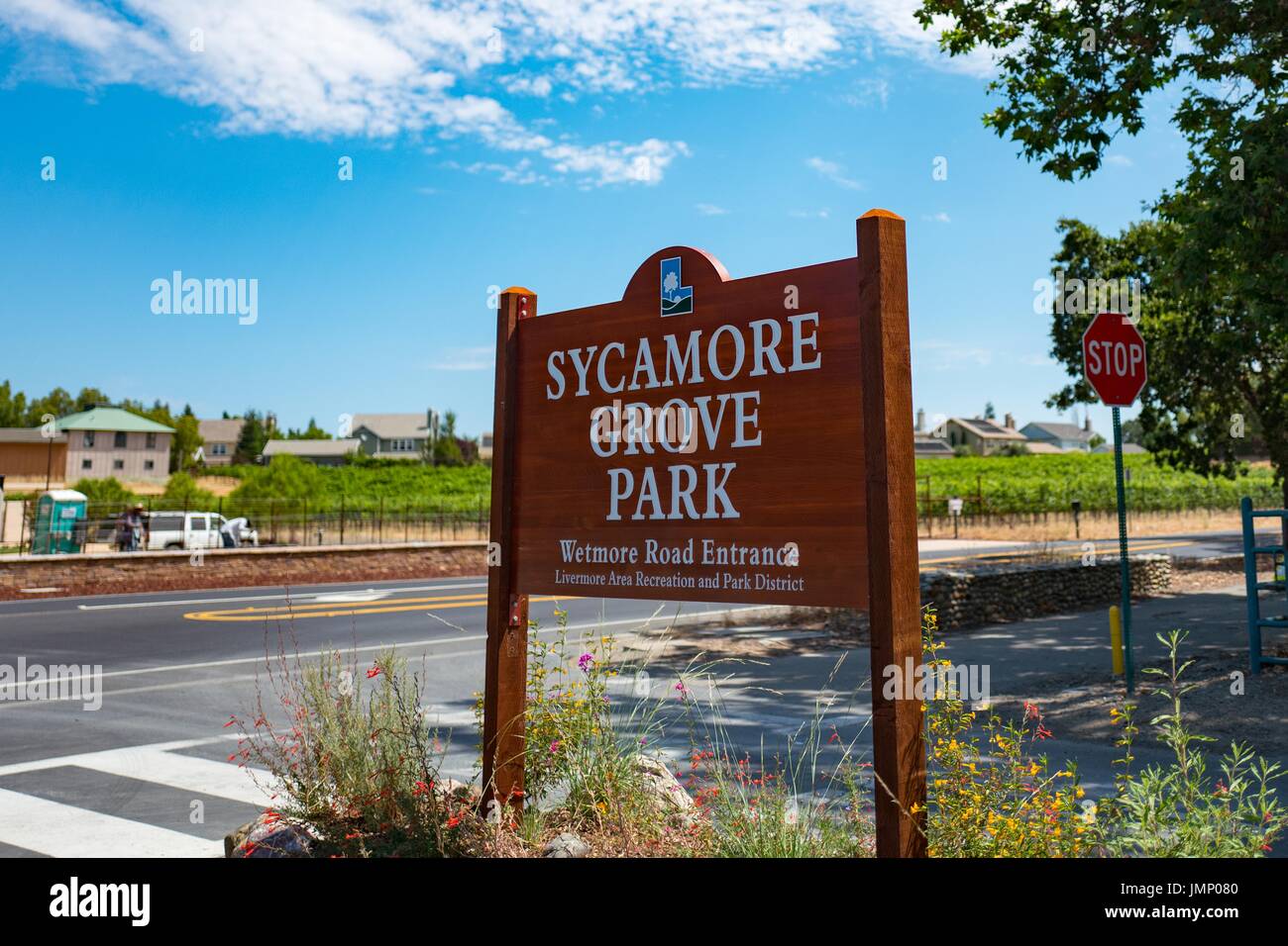 Segnaletica per Sycamore Grove Park in Livermore, California, il 5 luglio 2017. Foto Stock